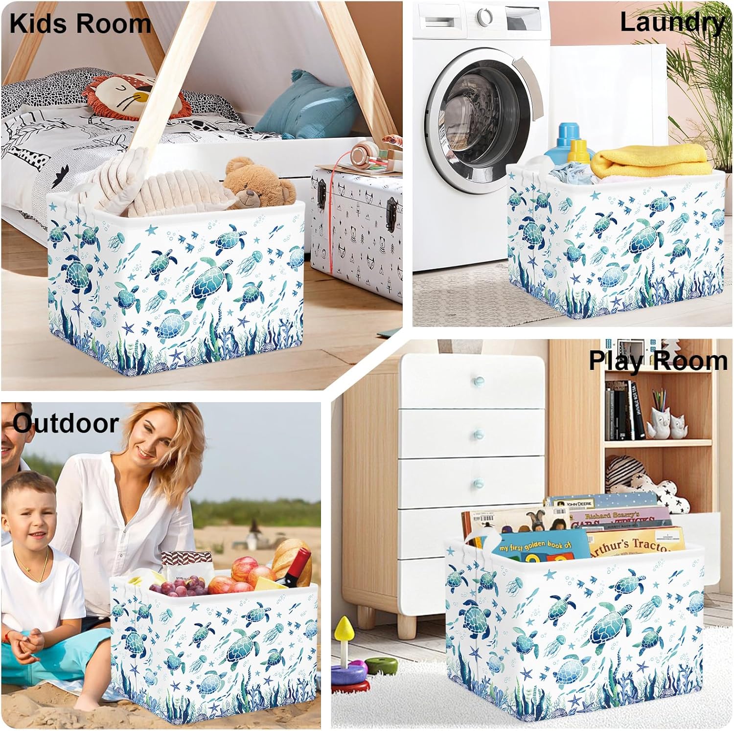 Sea Animals Laundry Hamper Ocean Fish Coral Large Storage Basket Parents Organizer Kids Clothes Toy Bins for Bedroom, Bathroom, Blue Turtles, 36L