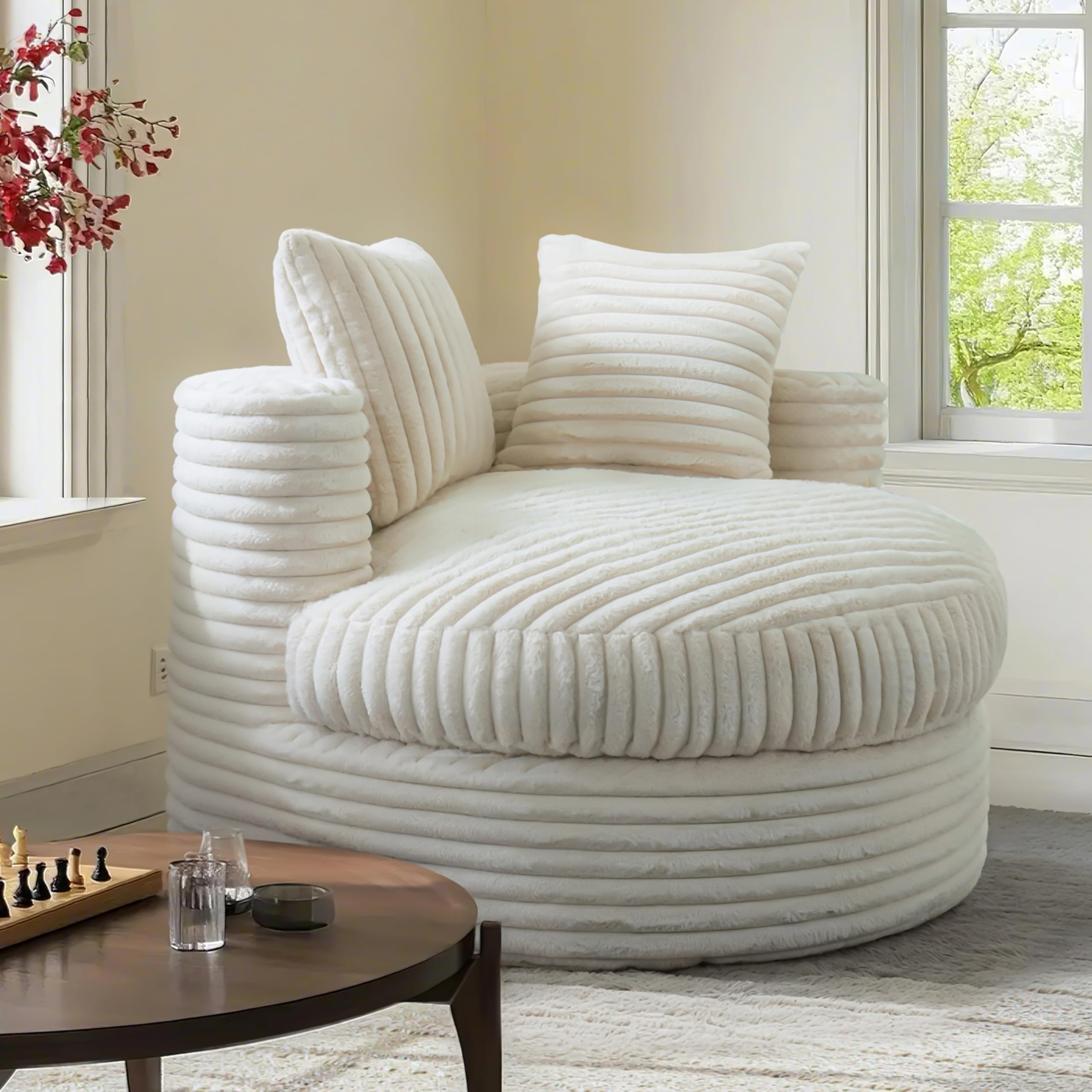 BNCKTRD ​47" Round Oversized Lounge Chair-with Thick Cushion, Removable Cover & 2 Pillows – Soft Corduroy Fabric, Cozy for Living Room or Bedroom​