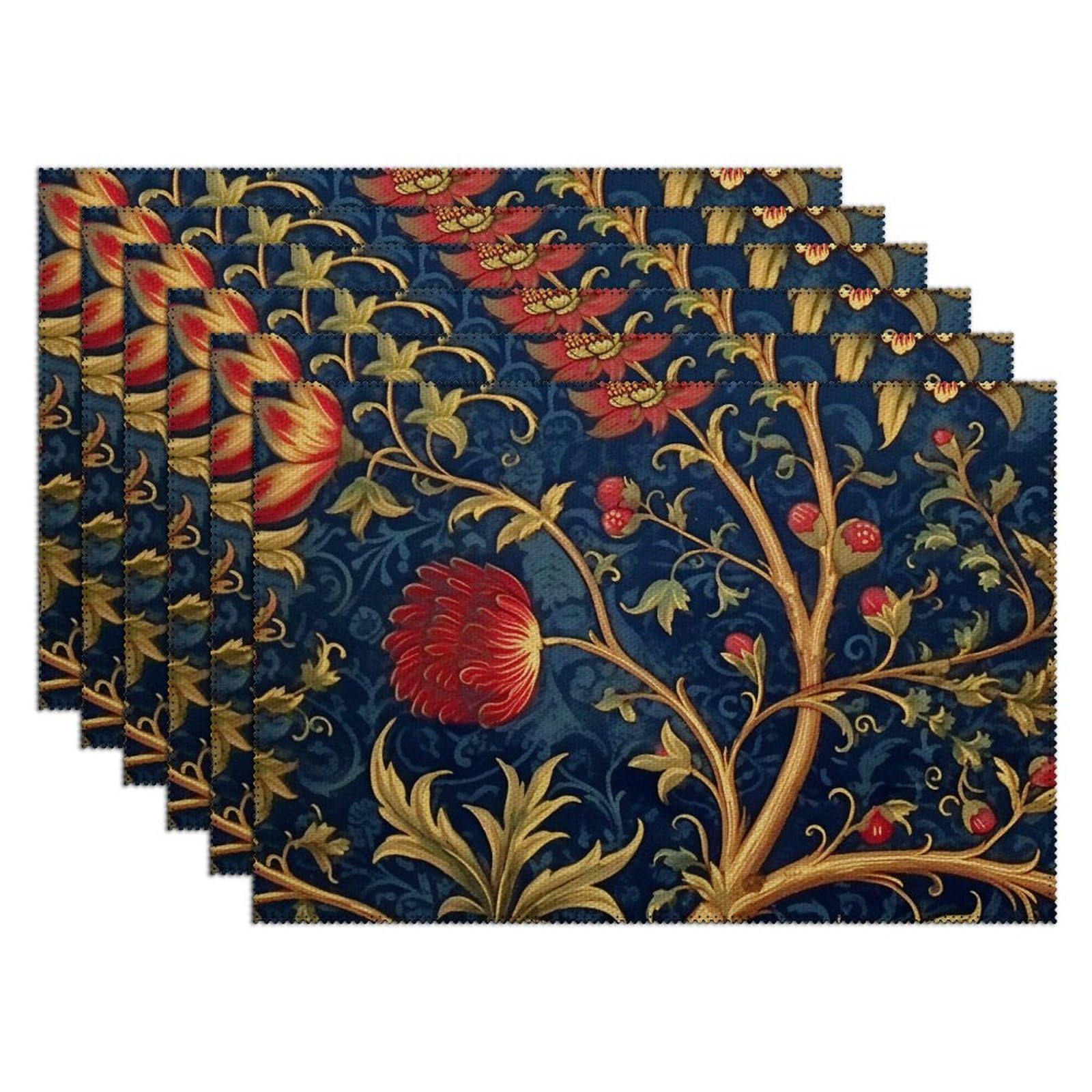 Luckluccy Blue Navy Floral Botanical Placemats Set Of 6 12X18 Inch Traditional Chinese Asian Chinese Placemat Stain Resistant Wipeable Maximalist Placemat For Kitchen Dining Table Decoration
