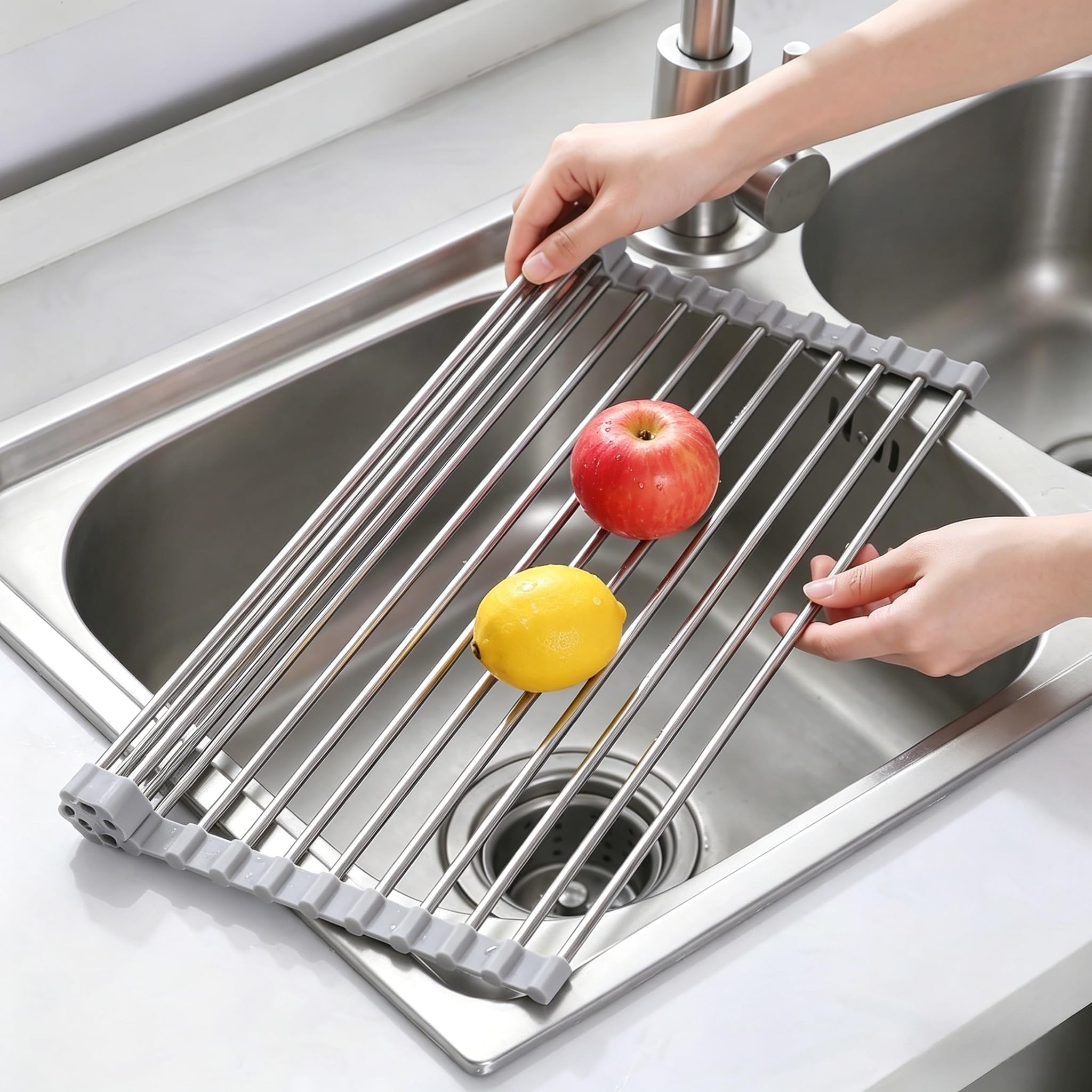YUNSHU Over the Sink Dish Drying Rack, 43×35cm 18 Tube Stainless Steel Dish Drainer Rack, Foldable Removable Sink Drainer Rack for Cup Fruit Vegetable Kitchen Storage Organiser