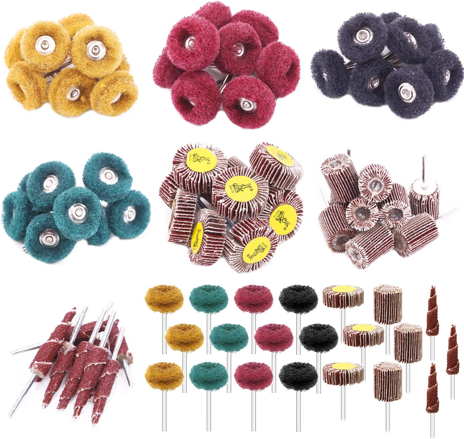 50Pcs Abrasive Sanding Flap Wheel Assortmen Kit, 80 Grit 1/8" Shank Cone Abrasive Flap Sanding Wheel and 1" (25mm) 120 180 320 400 Grits Buffing Polishing Wheel Set with 3 mm Shank