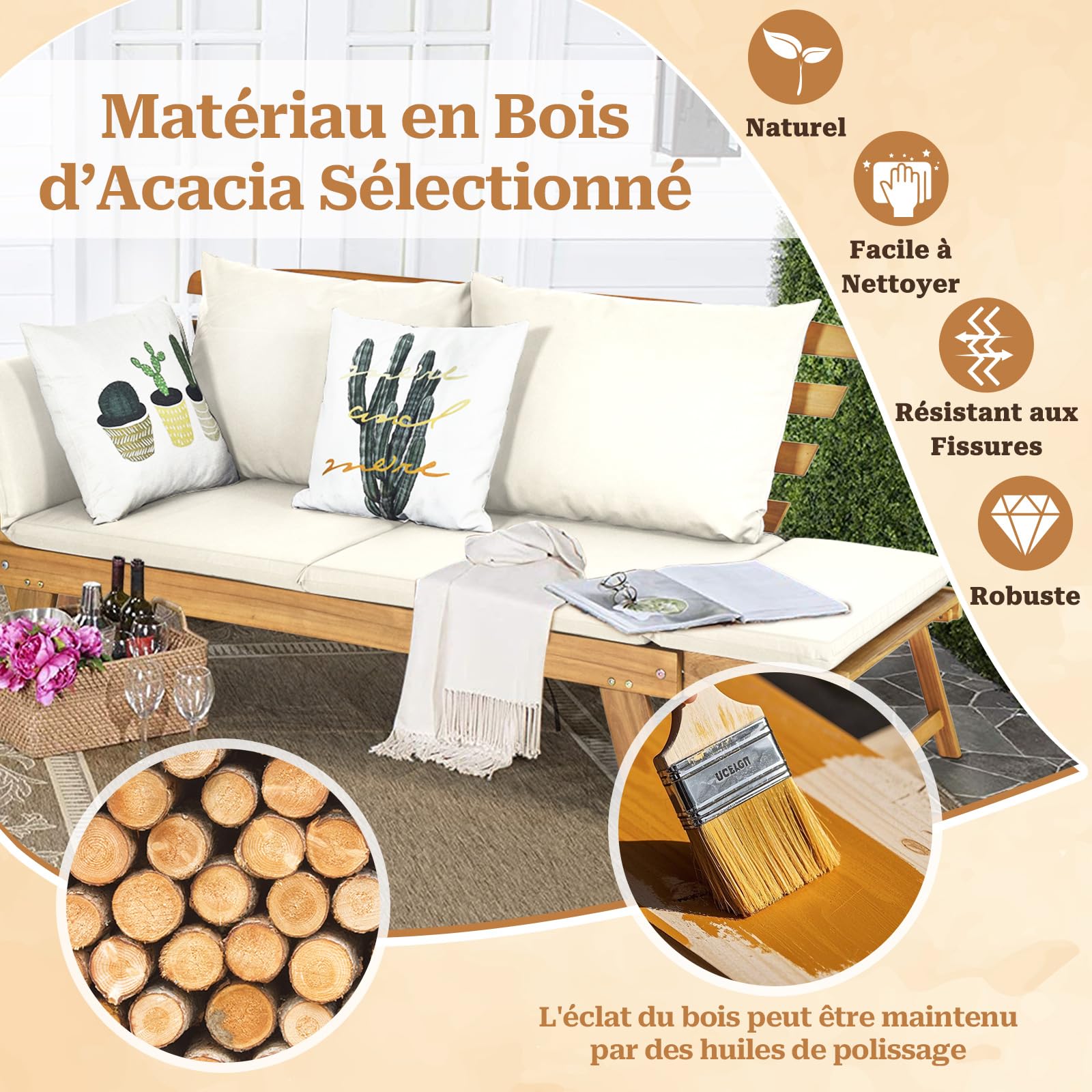 SOARS Canapé Convertible 3 en 1 en Bois d’Acacia avec Coussins Épais