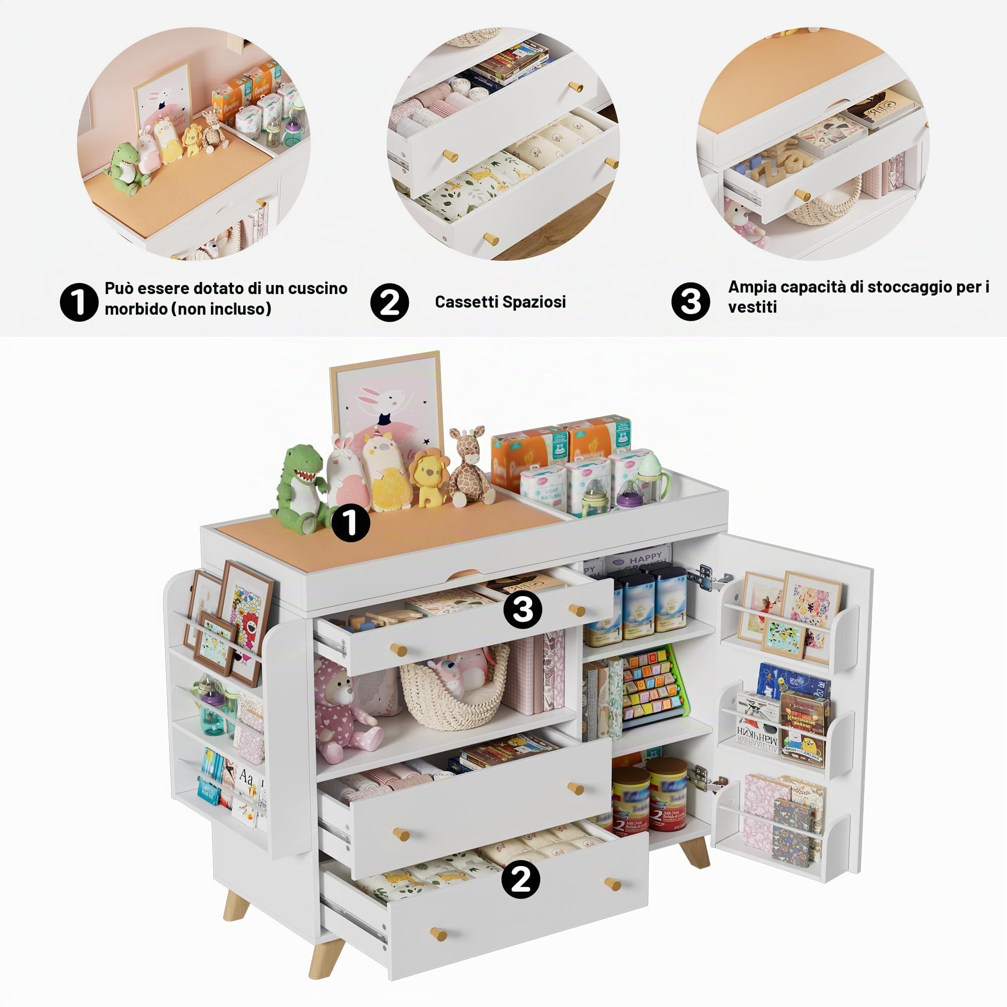 Fasciatoio con Divisorio Rimovibile, Cassettiera per Bambini con 3 Cassetti, Fasciatoios Cassetton, Mobile Fasciatoio per Bambini,110 x 100 x 40 cm, fino a 100KG, Non include il cuscino,Grande Capacit