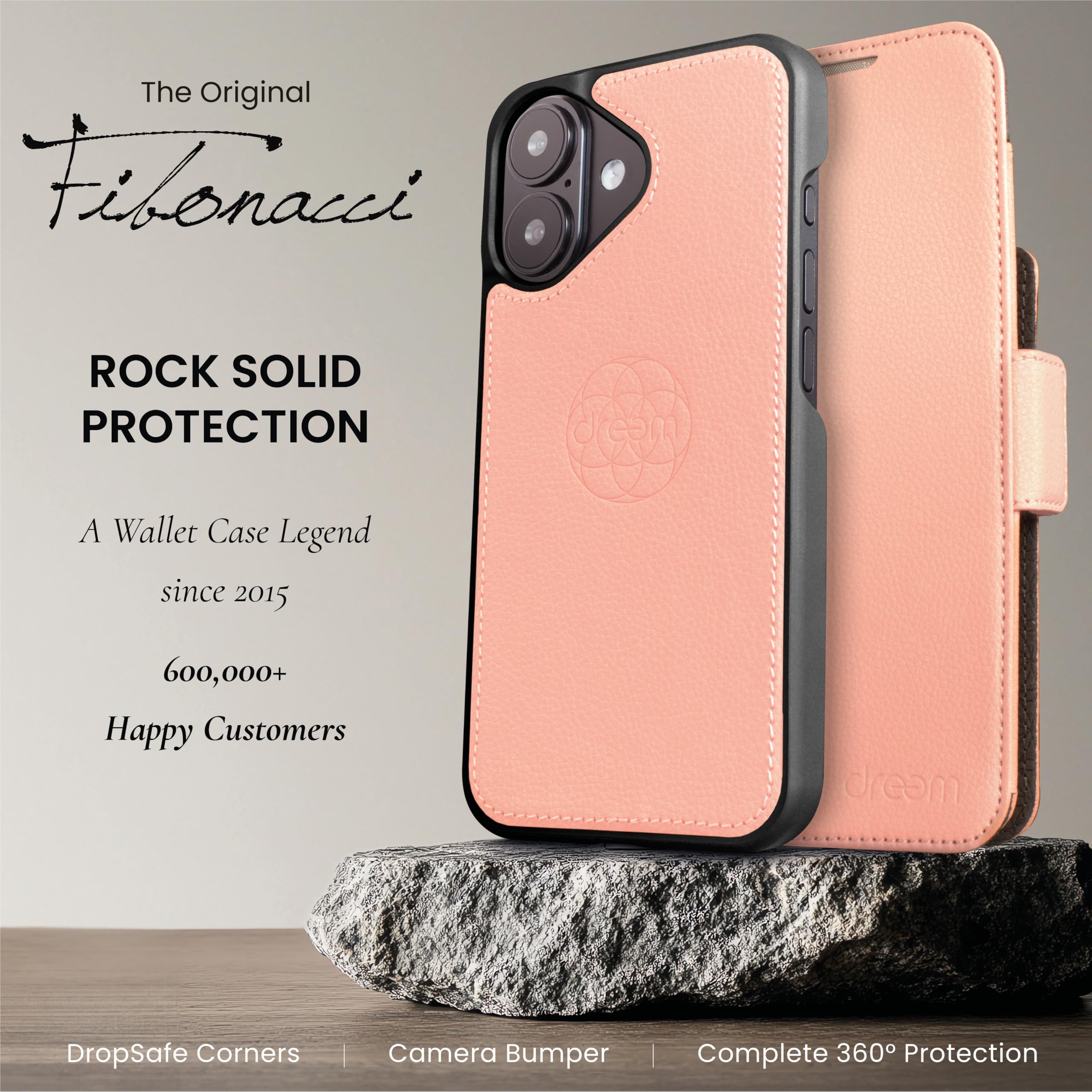 dreem Wallet Case for iPhone 17, Revolutionary Vert/Hor Phone Stand, Magnetic Detachable Vegan Leather Flip Cover RFID Blocking Card Holder, MagSafe-Fit, Gift Box [Fibonacci: Powder Pink] — view 4