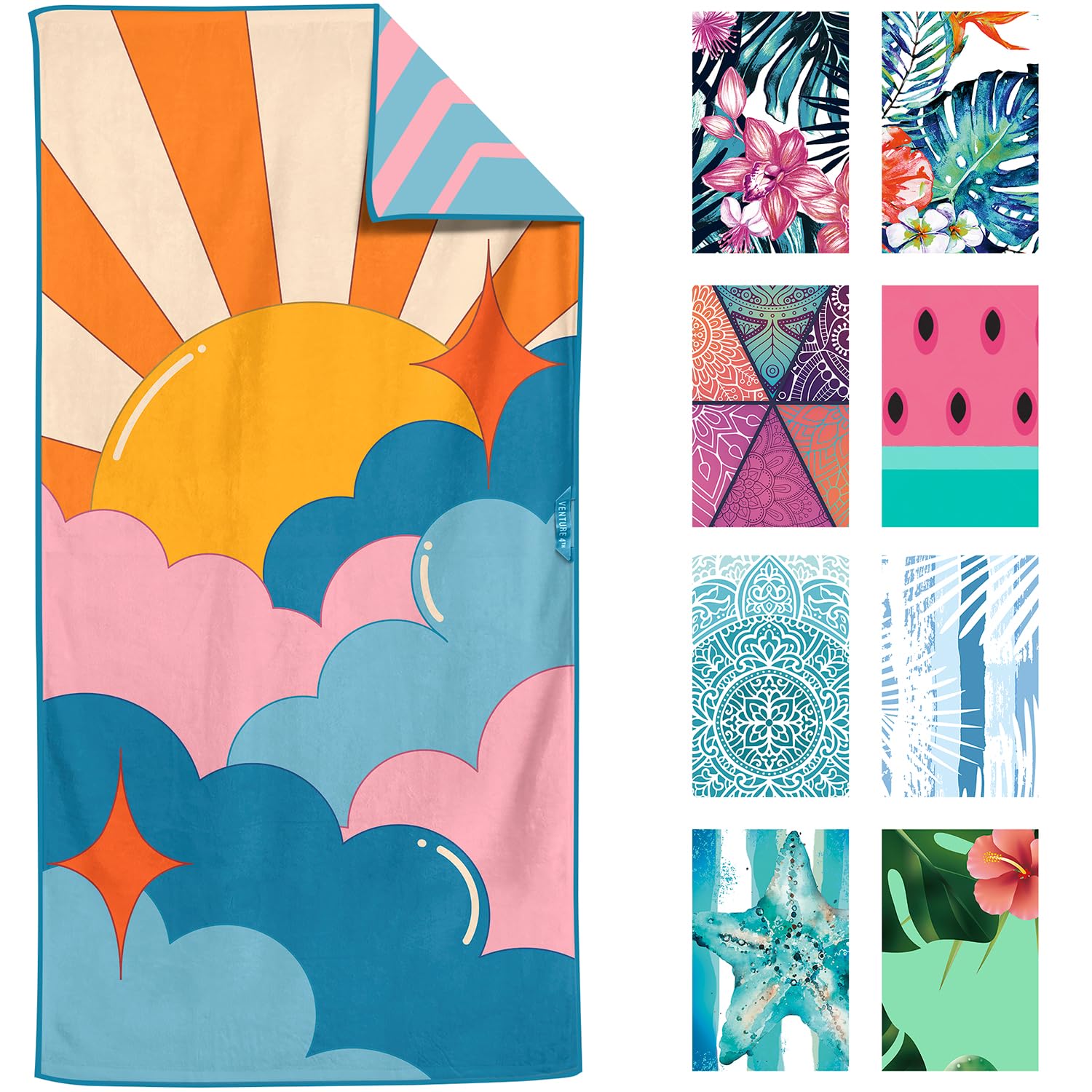 VENTURE 4TH Microfiber Beach Towel: Quick-Dry, Compact, Sand-Free, Absorbent, Sandproof and Lightweight - Perfect for Camping, Beach, and Roadtrips (Sky's The Limit Design | 35x78 inches)