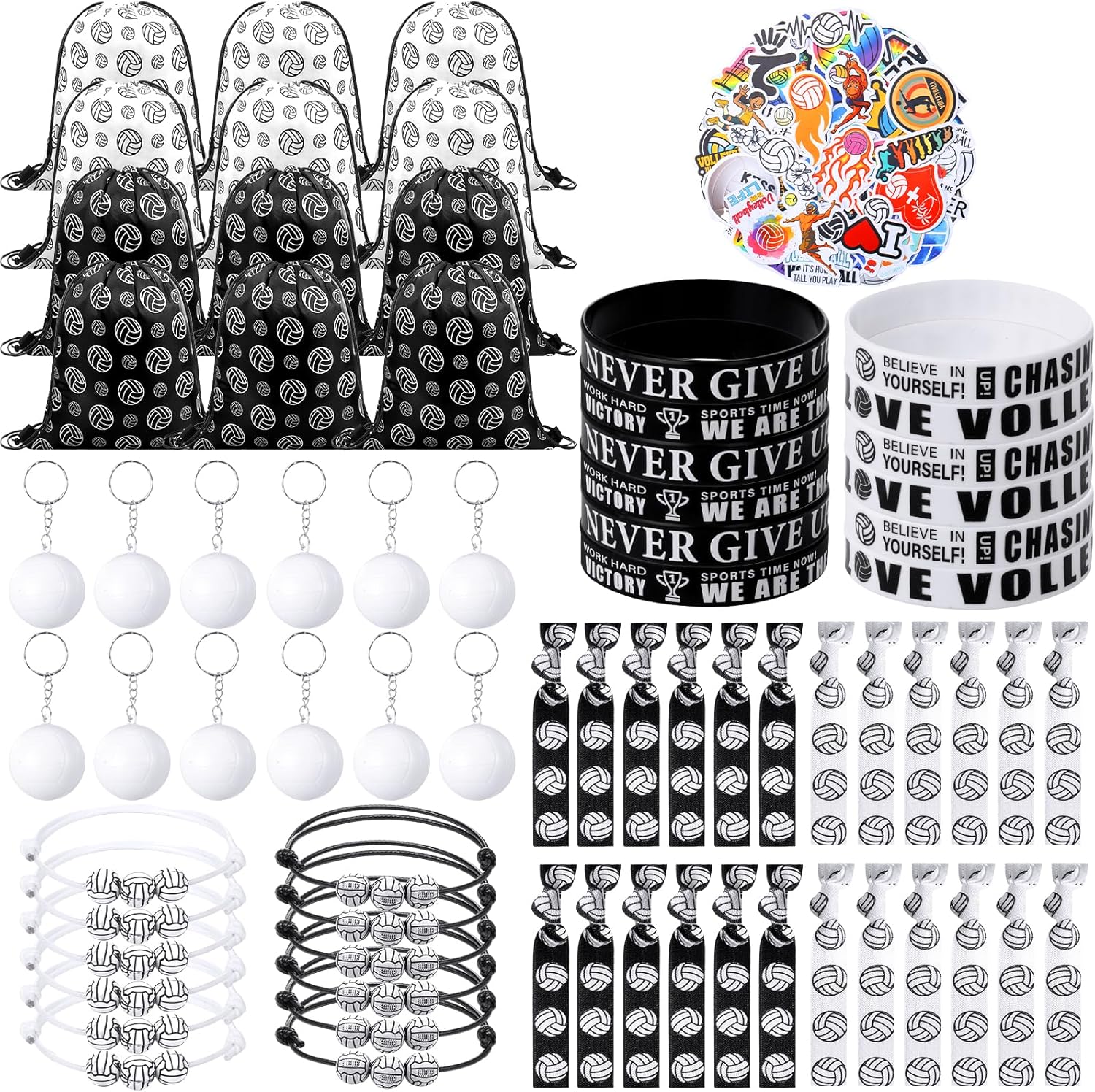 Equsion 122 Pcs Volleyball Gifts Volleyball Party Favors Set Include Drawstring Backpack, Keychain, Silicone Wristbands, Woven Bracelets, Stickers and Hair Ties for Sports