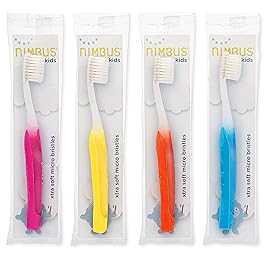 NIMBUS NIMBY Kid\'s Extra Soft Toothbrushes for Sensitive Teeth and Receding Gums, Periodontist Design Plaque Remover Travel Toothbrush, Individually Wrapped (4 Pack, Colors May Vary)