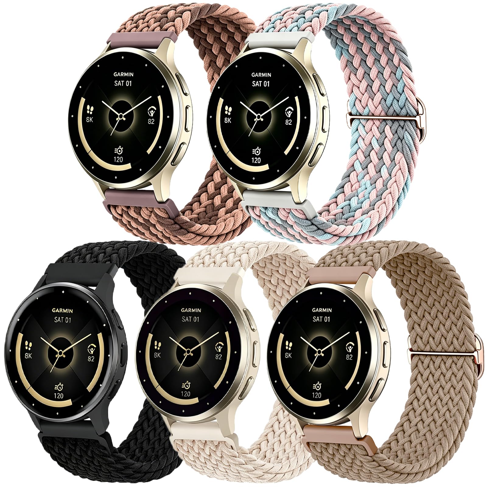 ZXgomg 5 Pack nylon Braided 18mm Watch Strap Compatible with Garmin Venu 3s/2s/Vivomove 3S/Vivoactive 4S Strap for Women Men, Soft Adjustable Bands for Garmin Forerunner 255s/265s/255s Music