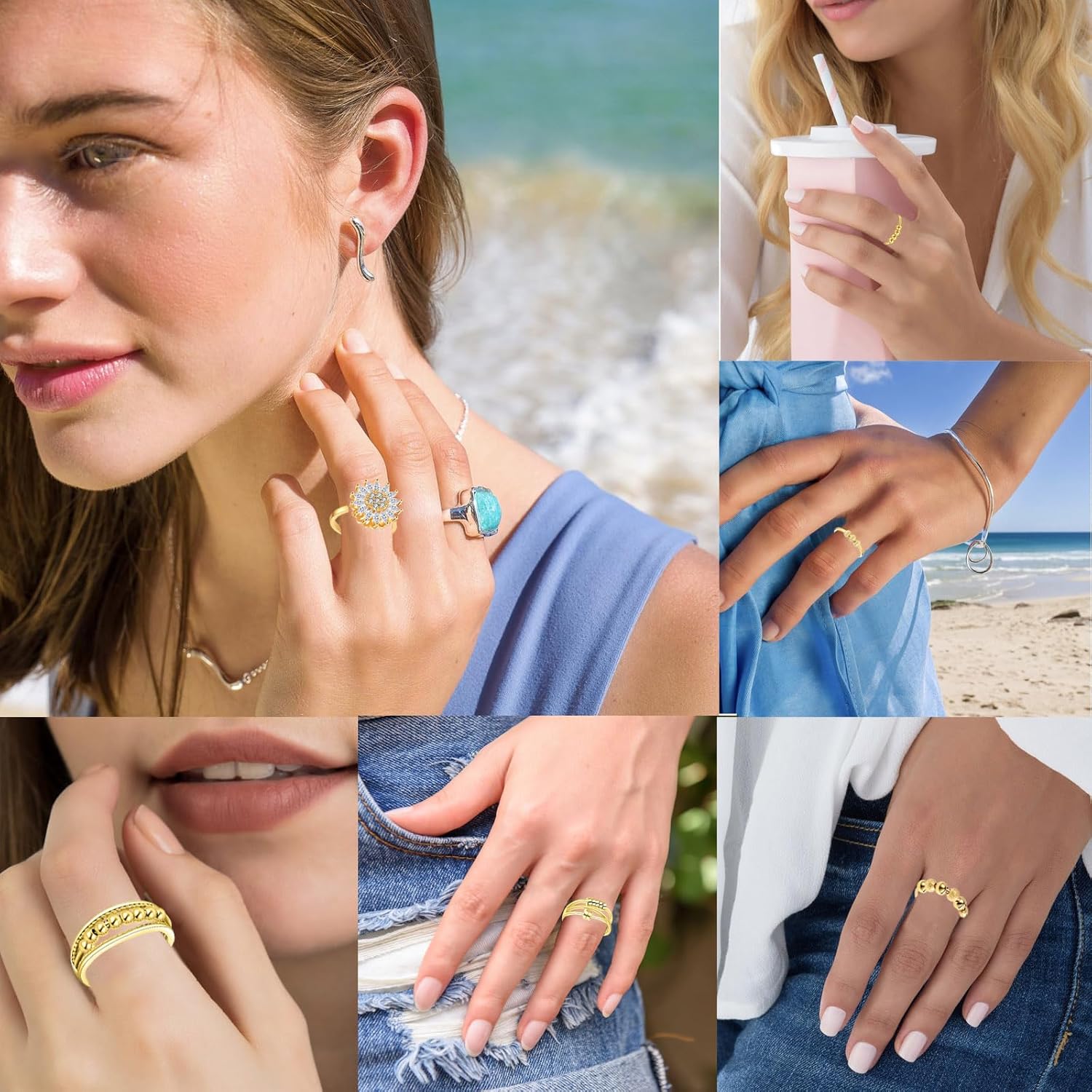 Fidget Ring Anxiety Rings for Women Gold 9pcs Adjustable Spinner Ring CZ Diamond Sunflower Moon Star Four Leaf Heart Bead Fidget Rings for Anxiety Stress Relief for Women - Image 6