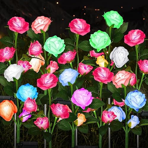 Geelin 10 luces solares de rosas para exteriores, impermeables, con 40 rosas, 7 colores cambiados, luz solar decorativa para paisaje, jardín, patio,