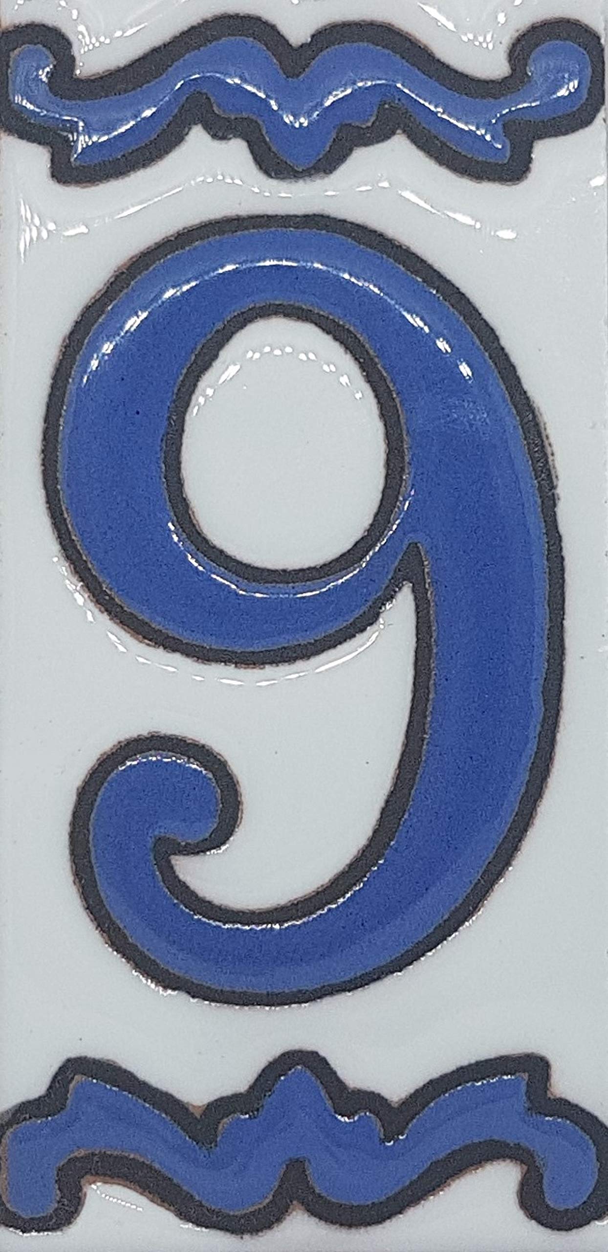 House Numbers Ceramic Tiles, Letters & Frames, Spanish Blue Design, Tile Size: 10cmH x 5cmW, Number Frame Size: 2 to 13 Tile (Number 9)