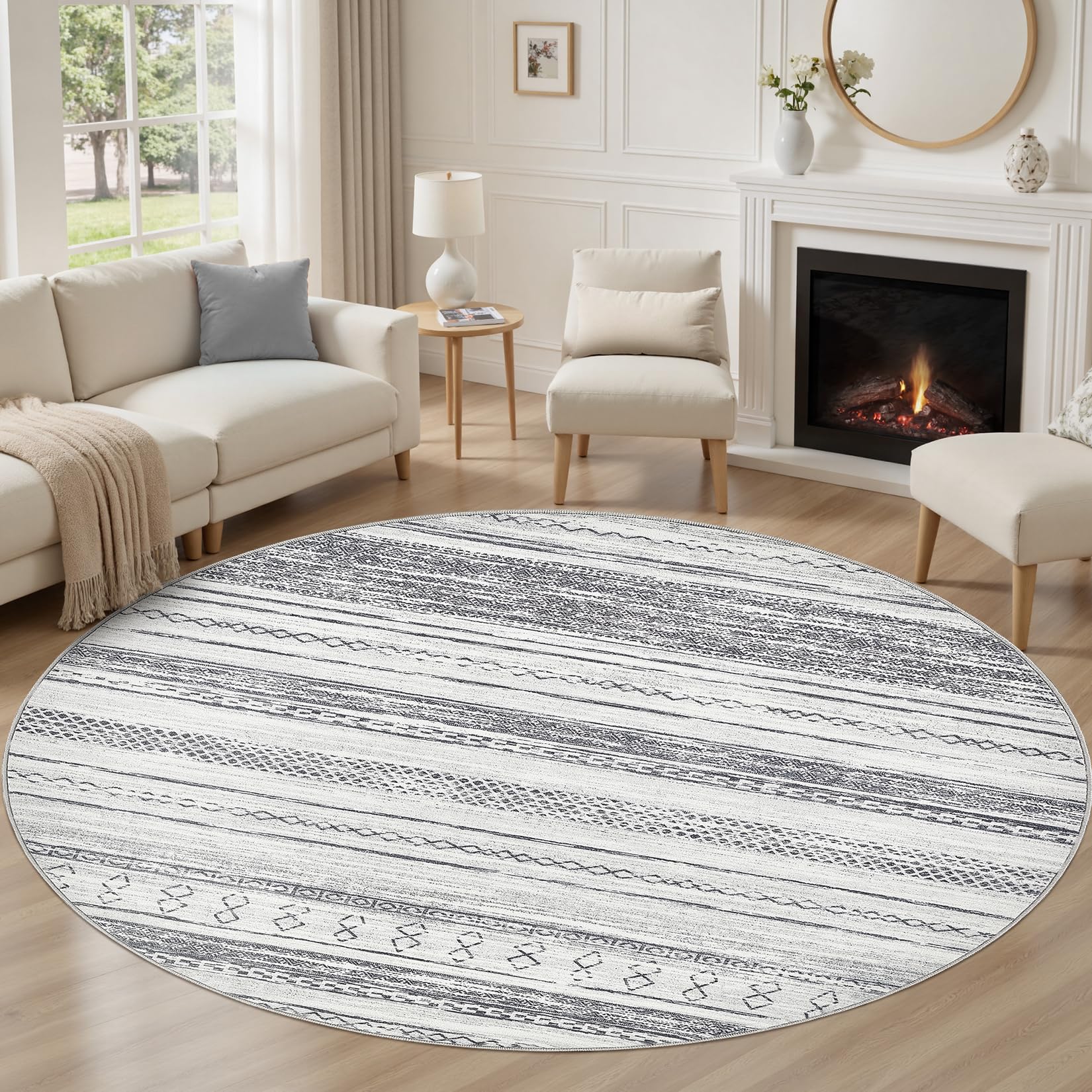 Tortania 6' Round Area Rug Living Room Rugs - Washable Large Soft Neutral Boho Moroccan Bohemian Farmhouse Rug Indoor Floor Carpet for Bedroom Under Dining Table Home Office Decor - Grey
