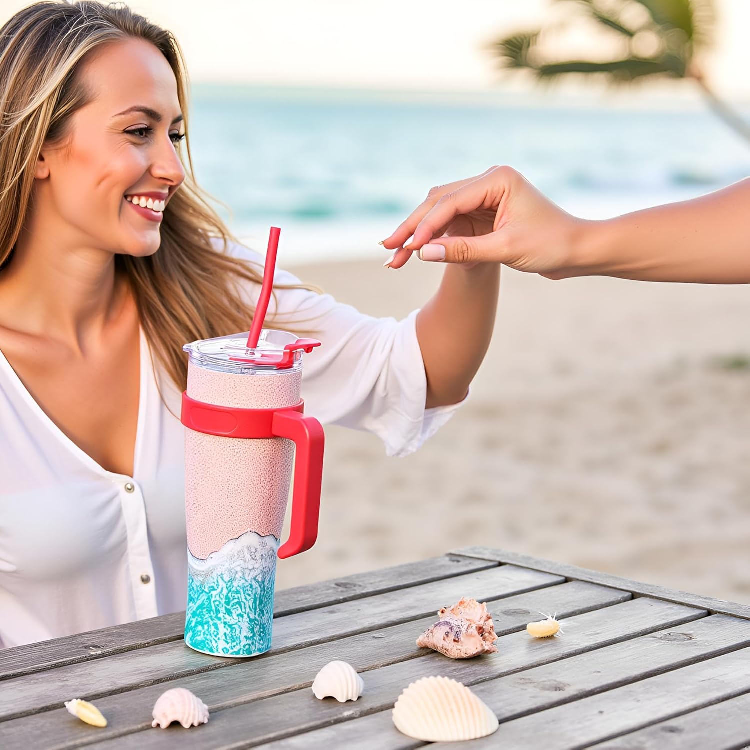 40 OZ Tumbler with Handle & Straw, Insulated Beach Cups Coffee Mug with Lid, Hot and Cold Drinks Stay Long Time, Large Travel Coffee Cup, Beach Gifts for Adult(Blue beach, 40 OZ) - Image 4