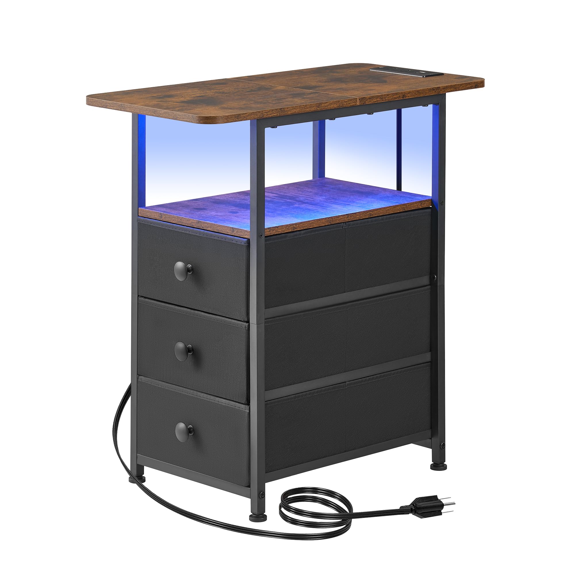 DALEMHOME Narrow End Table with Charging Station, Narrow Side Table with 3 Fabric Drawers, Slim Nightstand with LED Light, Small Table with Storage,