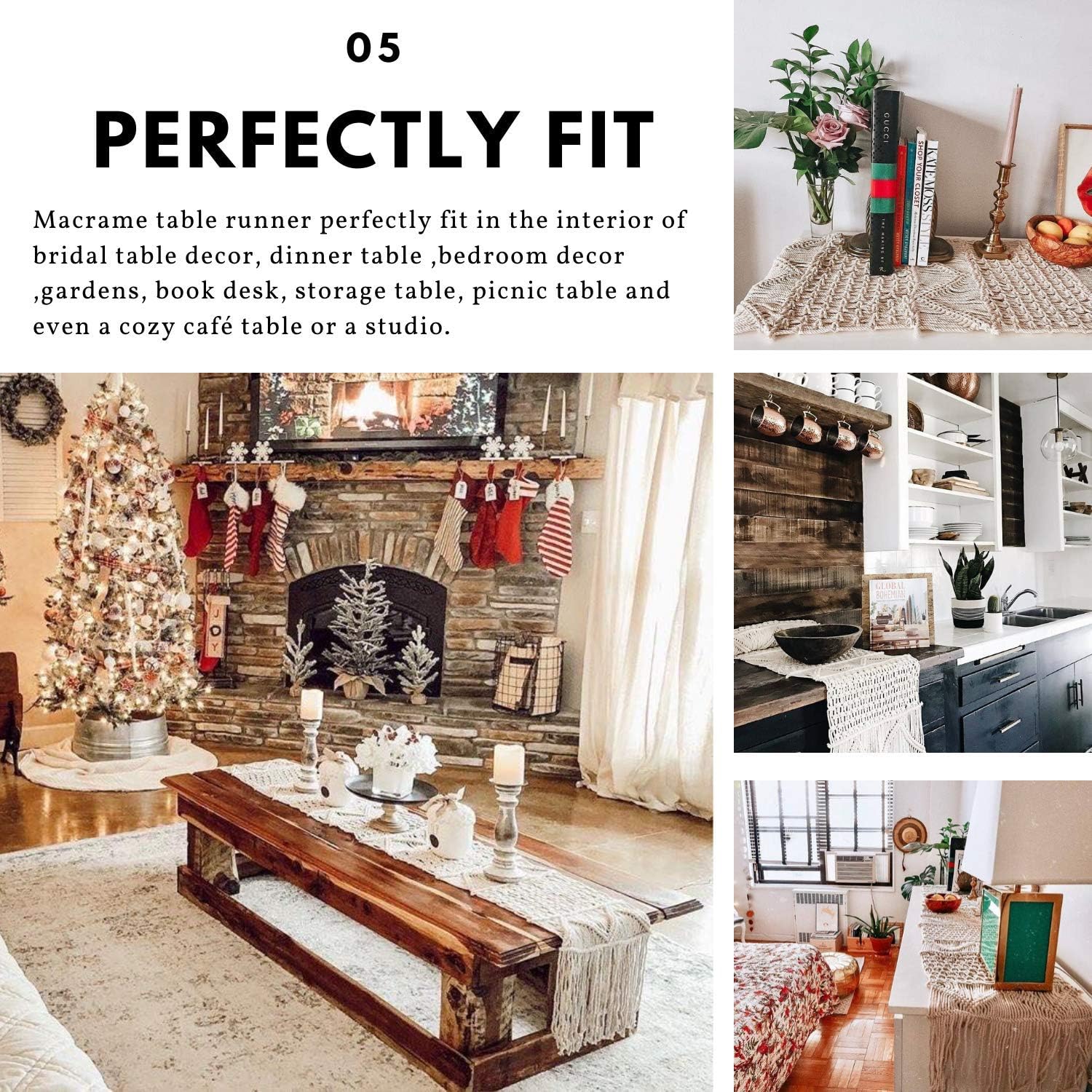 Macrame Table Runner with Tassels 112"x 13" Large Boho Handmade Runner for Dining Room Living Room