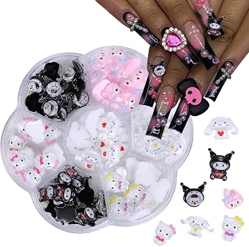 70Pcs Kawaii Nail Charms | 3D Cute Cartoon, Resin Flatback, 7 Styles, Storage Box Included, For Acrylic Nails DIY Crafts