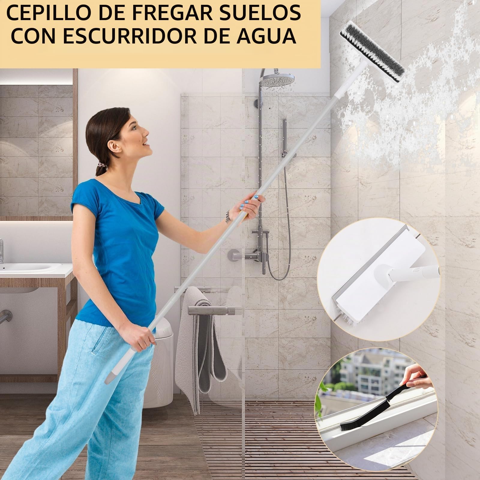 Cepillo con mango, cepillo de lavado 2 en 1 con extractor de suelo, cerdas rígidas de 9 pulgadas, cepillo de fregado con mango ajustable para limpieza en interiores, garaje, cocina, azulejos, pared
