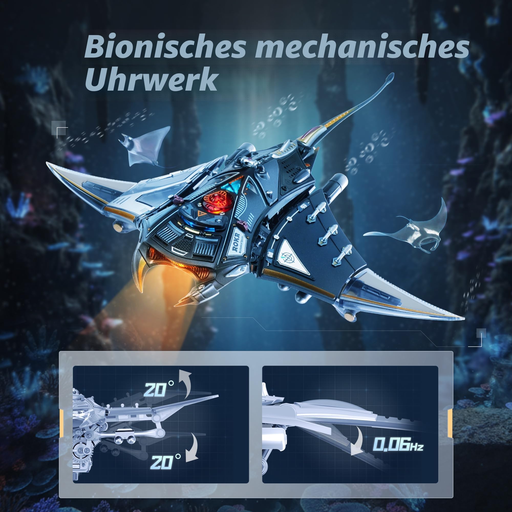 ROKR 3D Puzzle Manta Ray Mechanische Modellbau, Meerestiere 3D Puzzle Erwachsene Mit Bewegungs- und LED-Lichteffekt, STEM-Modellbausatz für Erwachsene (MI06)