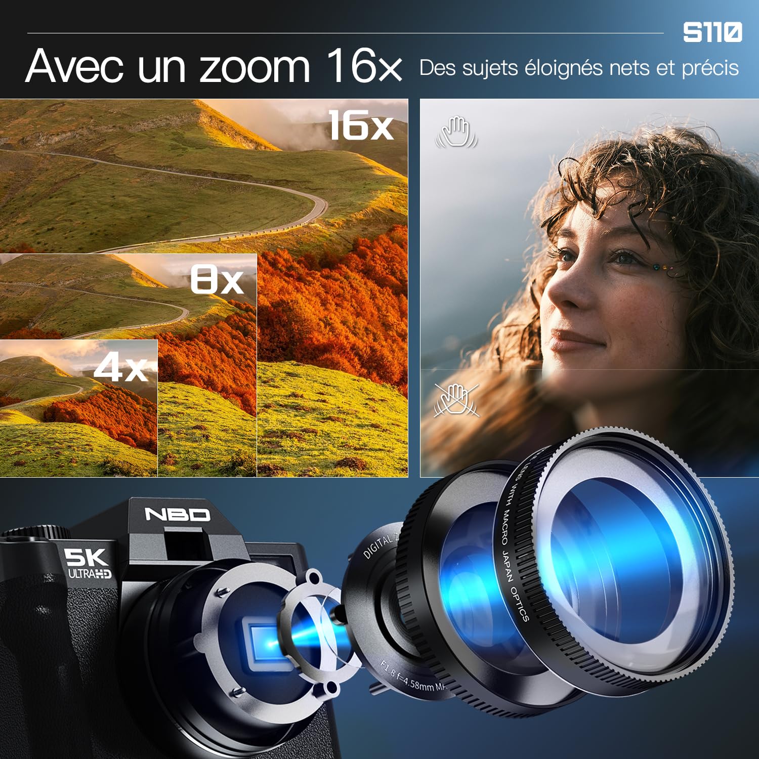 NBD 5K 64MP Appareil Photo numérique avec autofocus, Zoom numérique 16x, Écran IPS 3" 180°, WiFi + Lentille Grand Angle/Macro + Micro Externe + Carte 64GB + 2 Batteries (Noir)