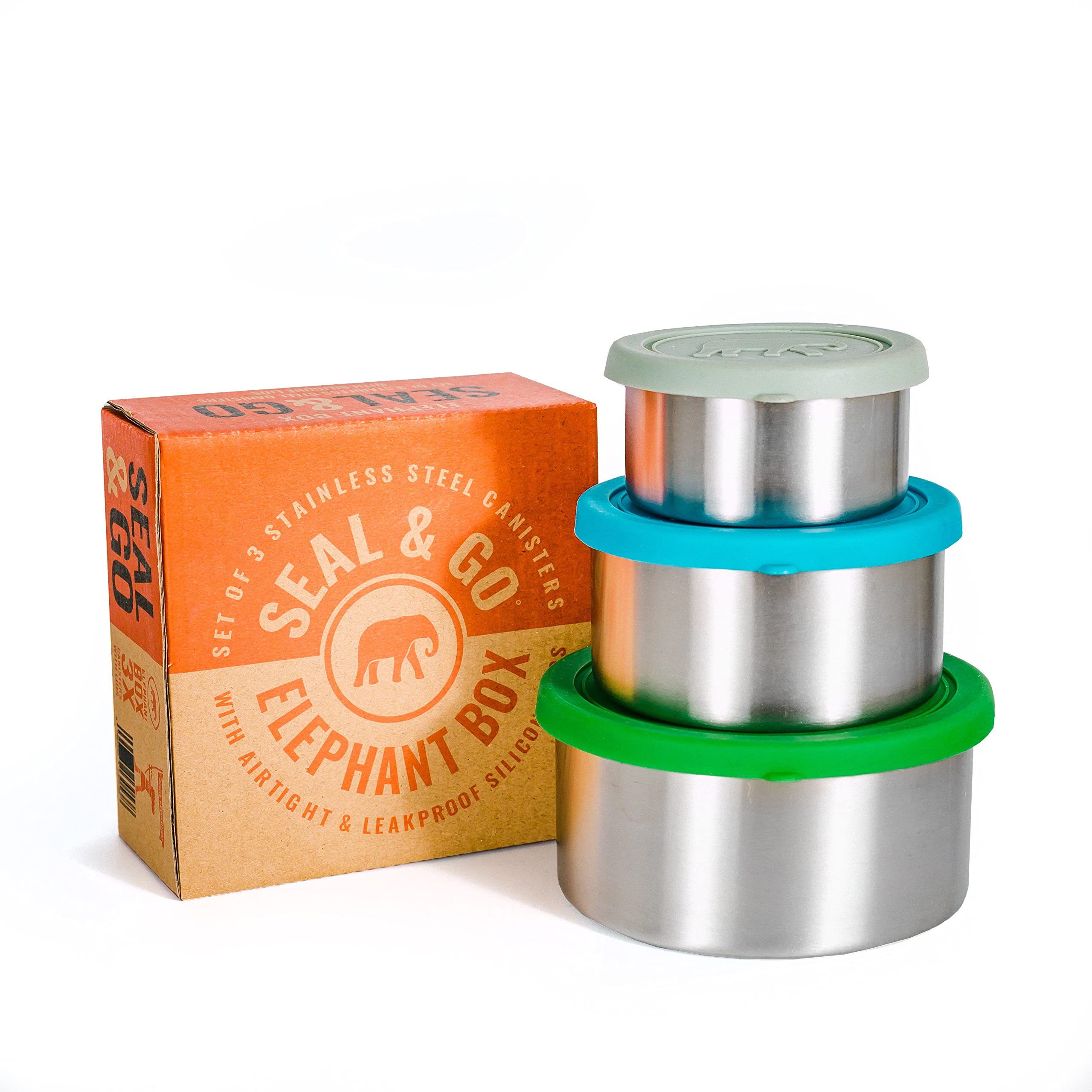 Elephant Box Seal & Go Trio | Set of 3 Stainless Steel Leakproof Food Containers | Eco Friendly & Plastic Free
