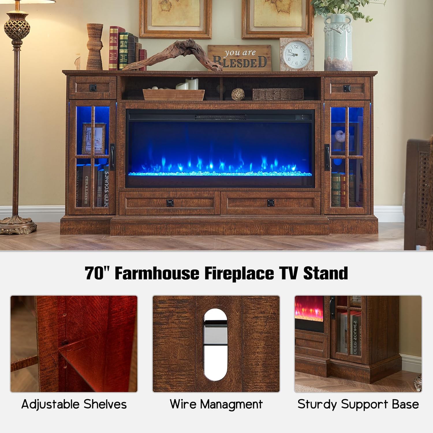 RedLemon Farmhouse Fireplace TV Stand for 80 Inch TV, 36" Tall Entertainment Center with 42" Crystal Eletric Fireplace, Modern Media Console Table with LED Lights for Living Room, Reclaimed Barnwood