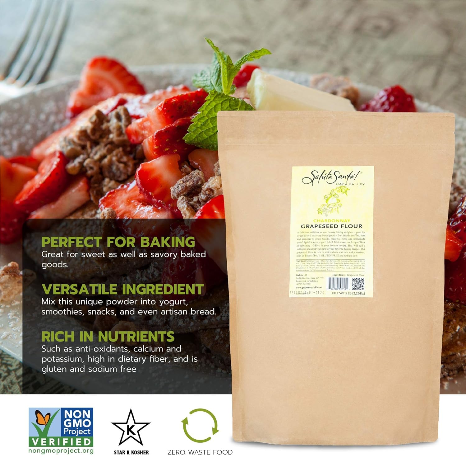 Salute Santé! Chardonnay Grapeseed Flour 5 lbs— vegetable oil, cooking oil, grapeseed oil — Gluten-Free Baking, Fiber-Rich, Adds Notes to Cakes, Cookies & Breads Gourmet kitchen essential for everyday cooking.