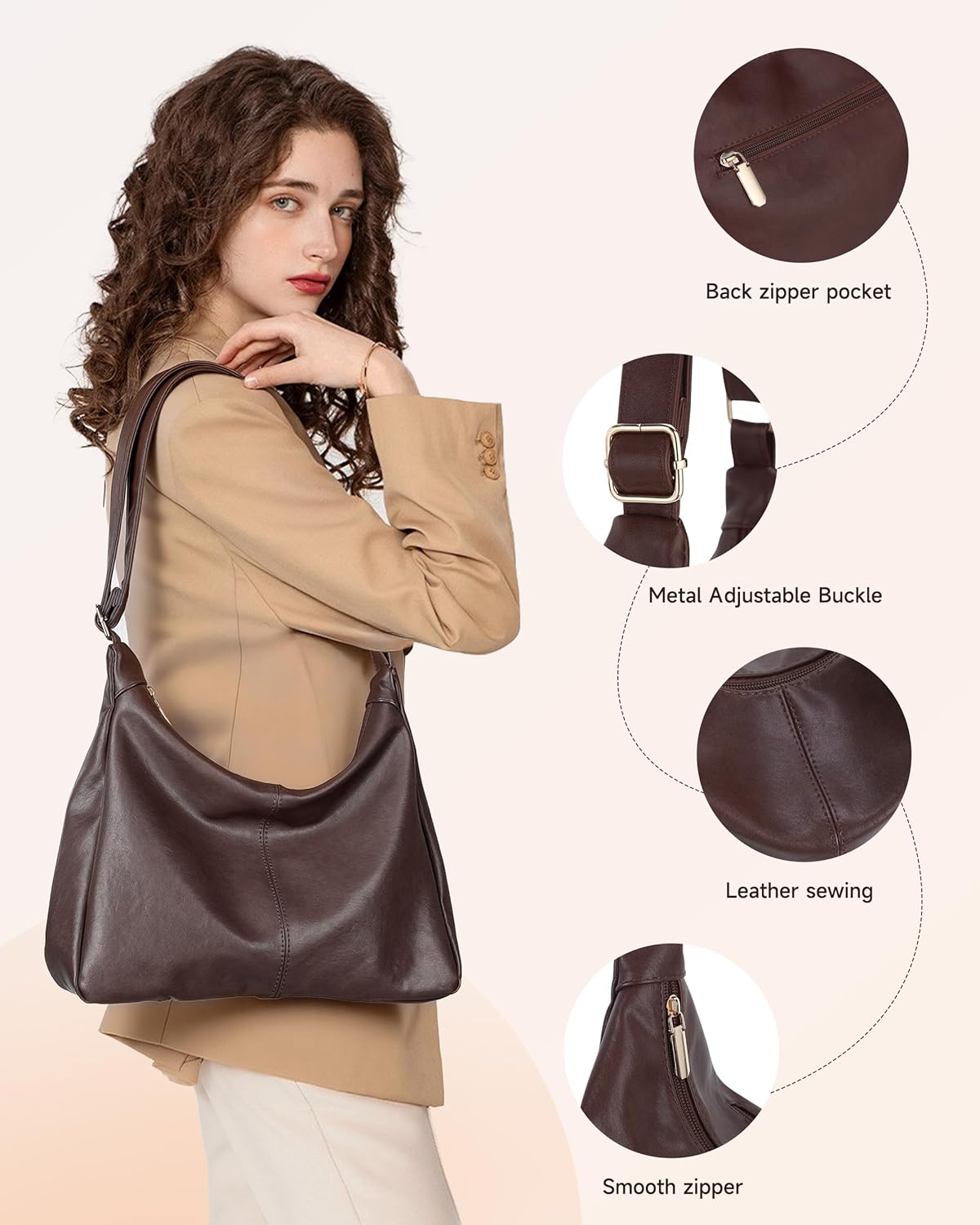 Hobo Bags for Women, Vegan Leather Shoulder Handbag, Stylish Slouchy Tote Purses with Adjustable Strap & Zipper Closure - Image 3