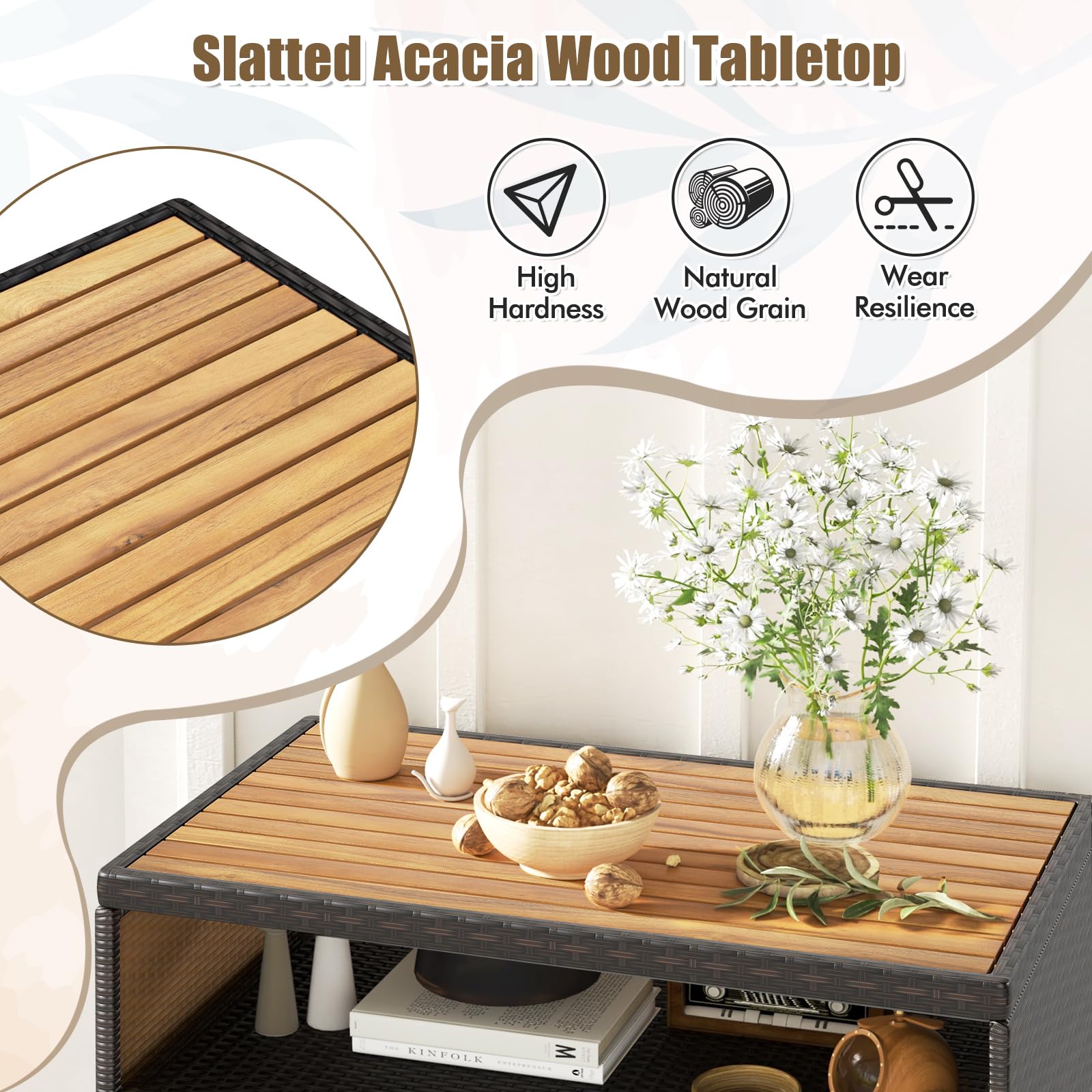 LIFEZEAL Gartenschrank Rattan, Aufbewahrungsschrank mit Akazienholzoberfläche, 90 x 53 x 86 cm, Braun