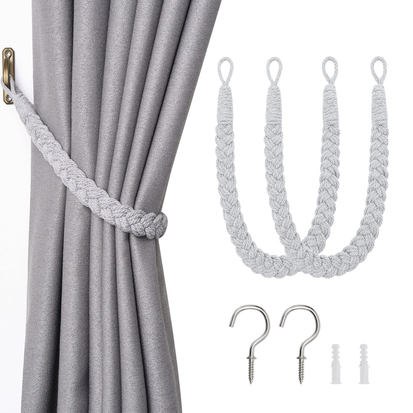 Pretty Jolly2 Pack Natural Cotton Rope Curtain Tiebacks Elegant Boho Style Decorative Drape Tie Backs Soft Hand-Woven Rope Curtain Holdbacks with Metal Hook for Home & Office Drapery (Light Grey)
