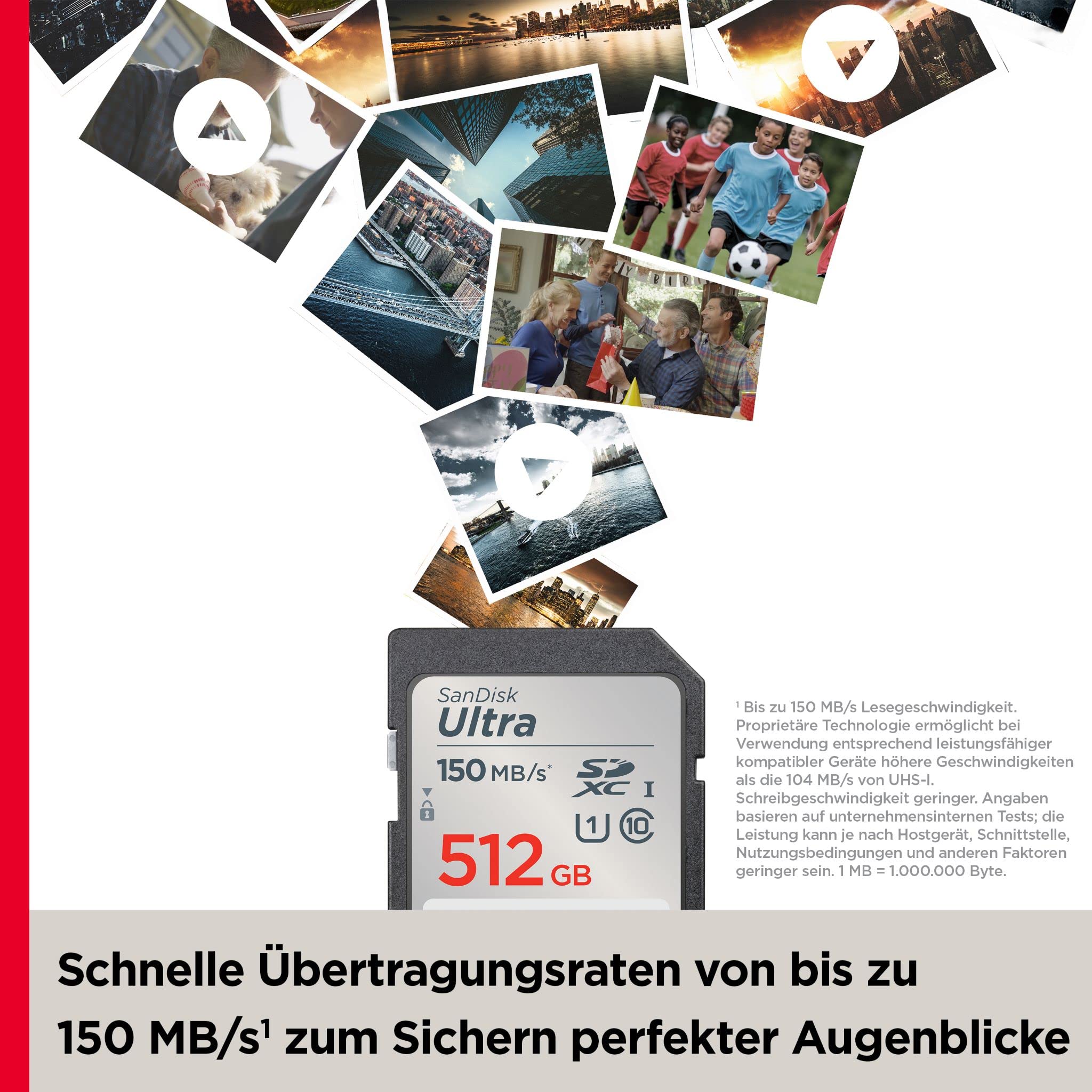 SanDisk Ultra SDXC UHS-I Speicherkarte 512 GB (Für Kompaktkameras der Einstiegs- und Mittelklasse, Full HD-Videos, U1, C10,V10, bis 150 MB/s Lesegeschwindigkeit, 10 Jahre Garantie)