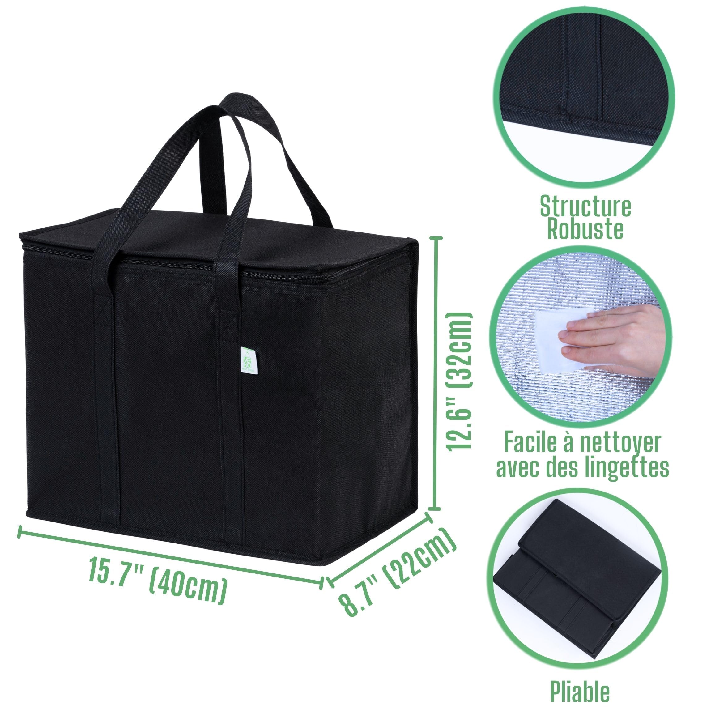 VENO Lot de 2 Sac Isotherme Pliable Isolation Réutilisable, Epicerie Alimentaire, Sac de Course, Robuste, Grand, Anses Durables, Fermeture Eclair Double Patte, Couverture, Debout (Noir)