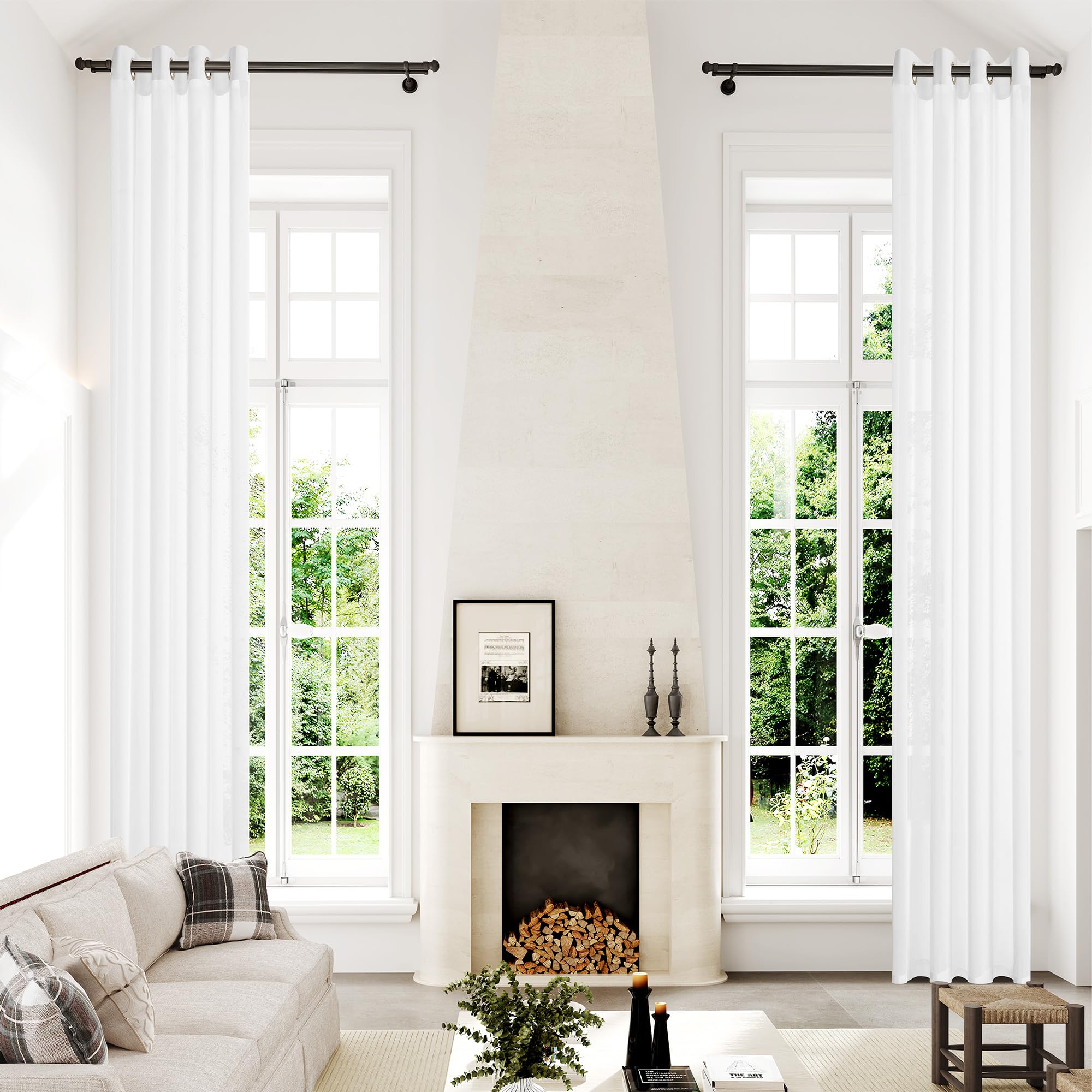 Extra Long Semi Sheer Curtains 144 Inches, Grommet 2 Story Drapes Light Filtering Tall Windows Drapes for High Living Room 1 Panel 52x144 White