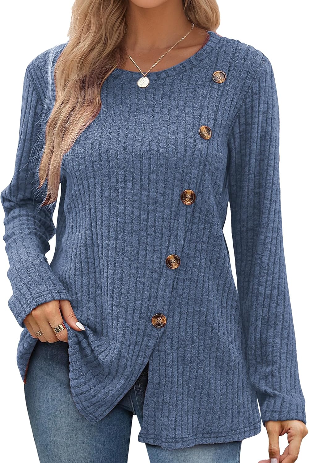 Buauty Womens Long Sleeve Sweaters Round Neck Side Split Tunic Tops for Womens Fall Fashion Sweaters Trendy 2025
