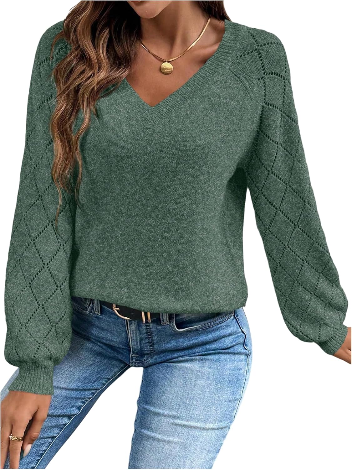 SHENHE Women's Fall Sweaters V Neck Hollow Out Lightweight Raglan Sleeve Cozy Sweaters 2025 Trendy