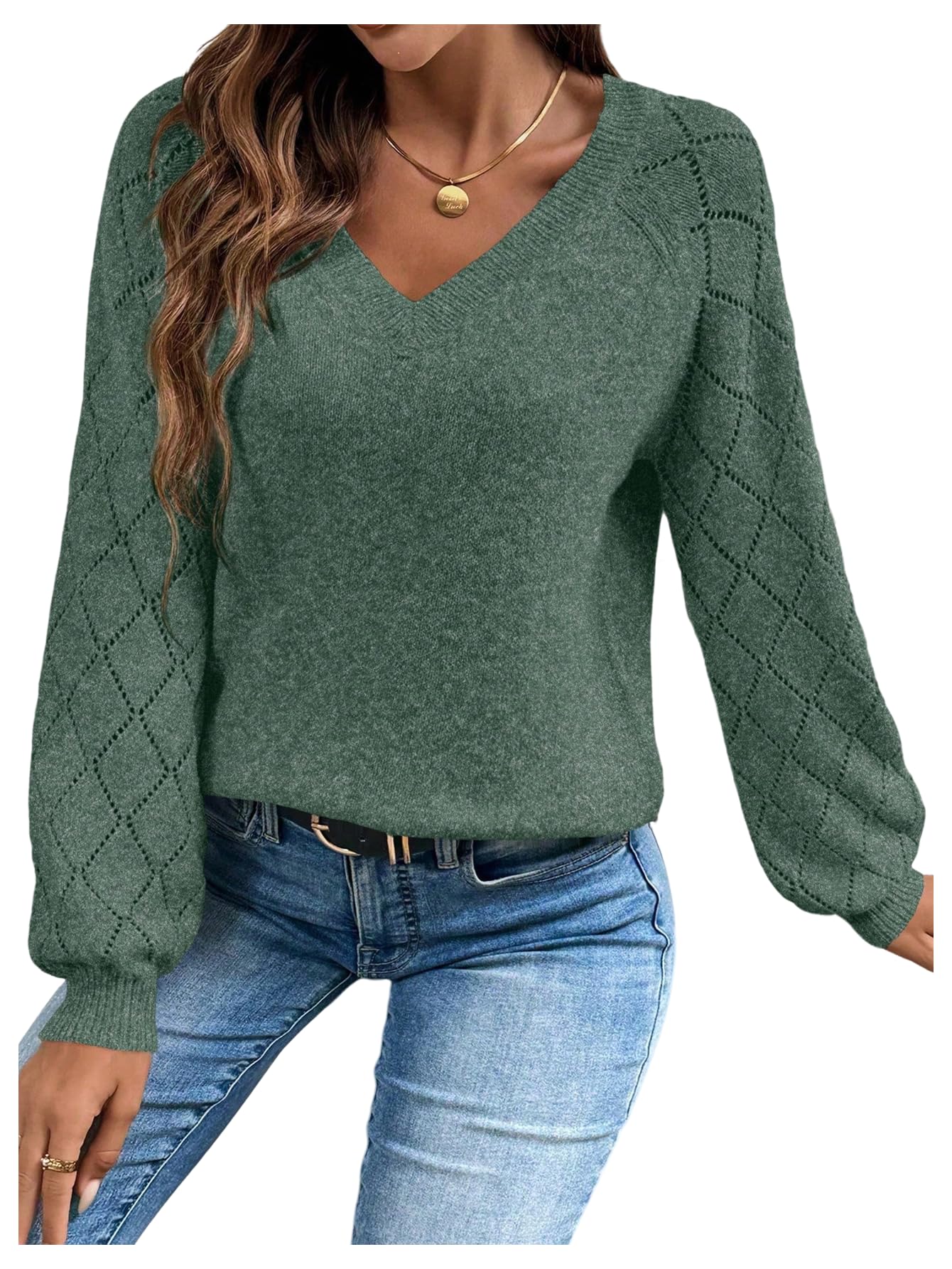 SHENHE Womens Fall Sweaters V Neck Hollow Out Lightweight Raglan Sleeve Cozy Sweaters 2025 Trendy Green Large