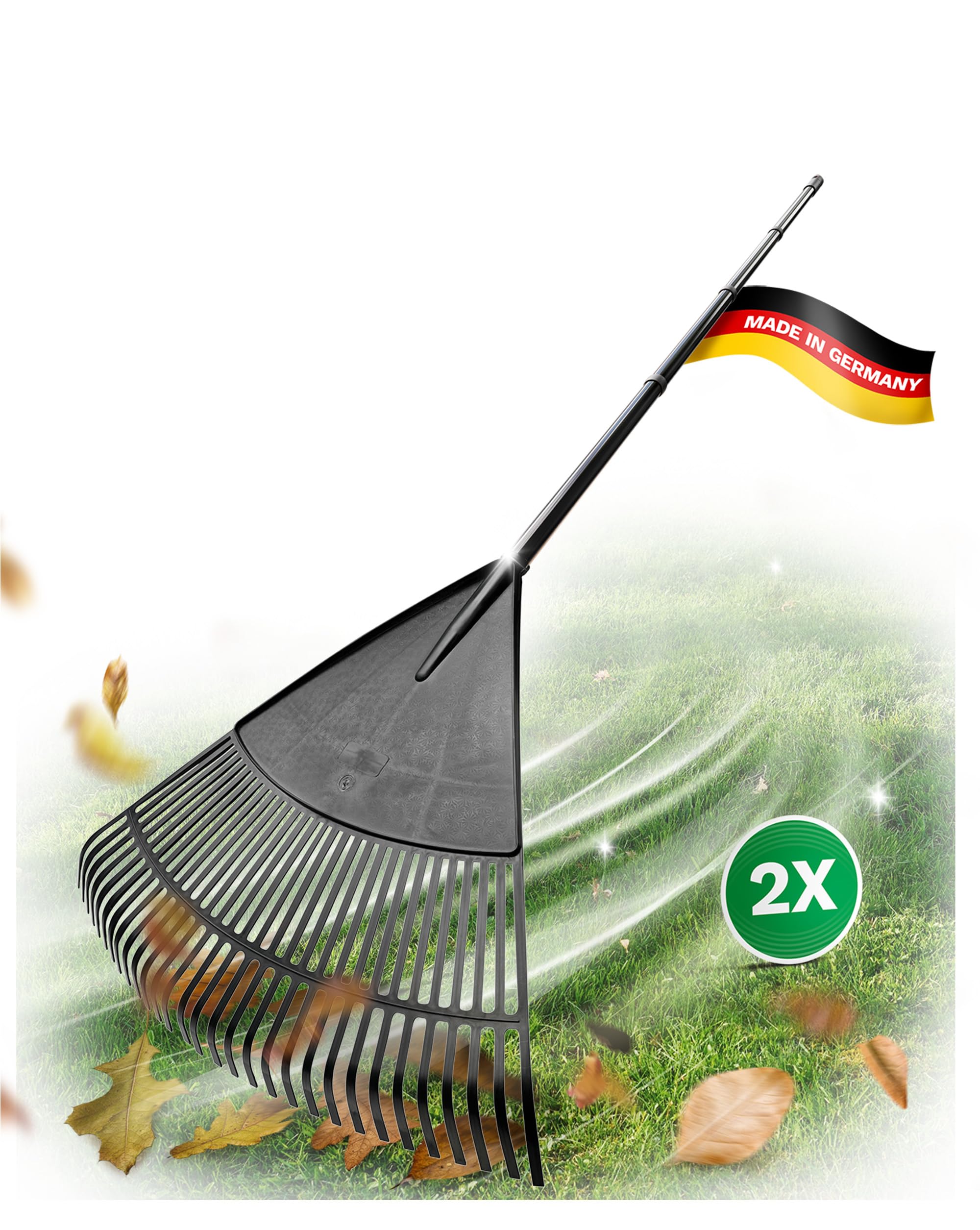 Novatool 2X Laubbesen mit 4tlg Steck- & Schraubstiel, Laubfeger mit 30 Kunststoff-Zinken, Rechen Arbeitsbreite 75cm, Laubrechen XXL, Gartenbesen, Rasenrechen, Harke, Landschaftsbesen XXL