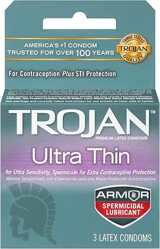 Trojan Condón Sensibilidad Espermicida Ultra Delgado, 3 unidades