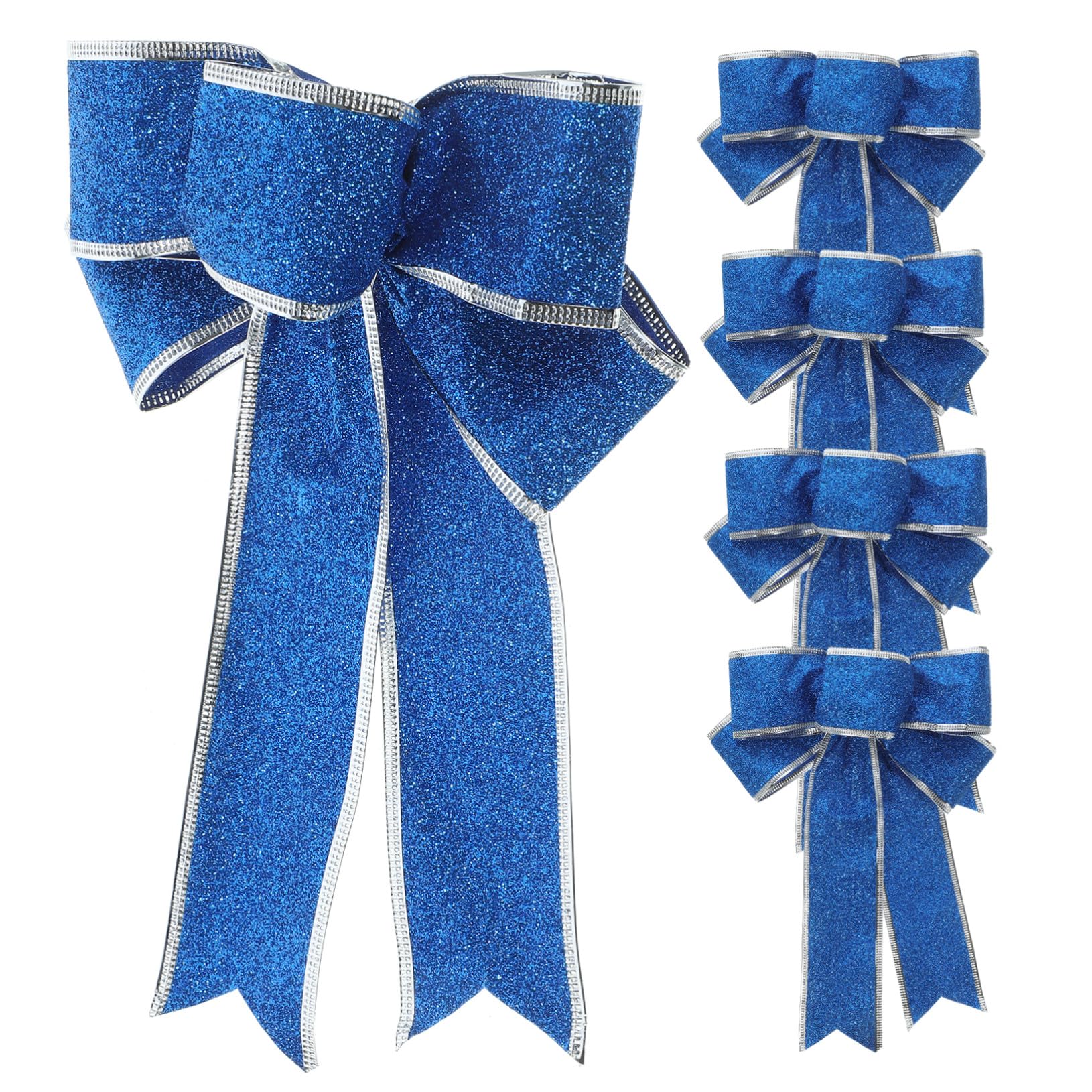 5 Piezas para Árbol de Navidad Azules de Moños de Tela con Purpurina Nudos Decorativos Resistentes para y Adornos Festivos