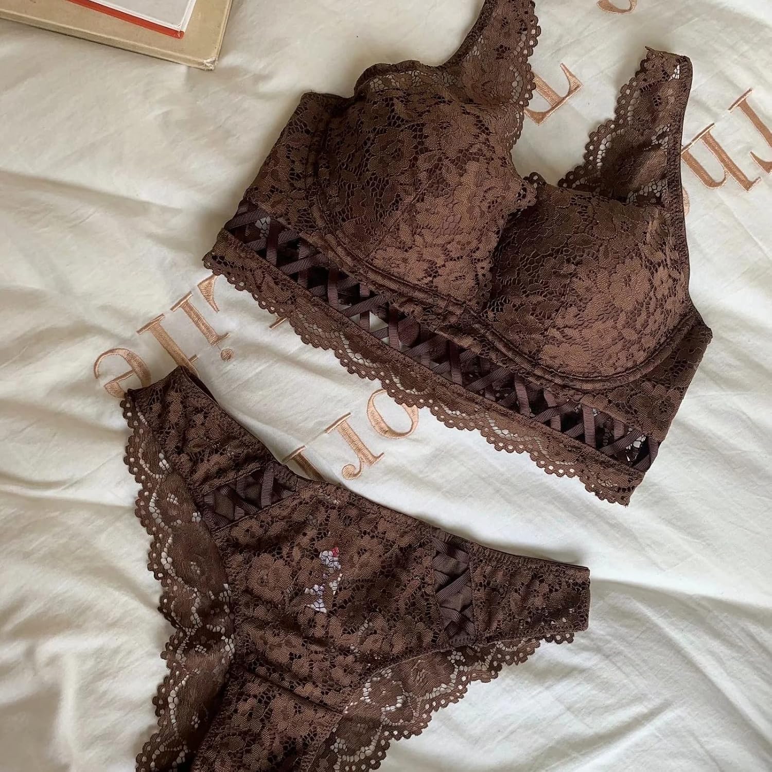 Sexy Bandage Underwear Set Push Up Bra Embroidery Women Lingerie 3/4 Cup Lace Brassiere