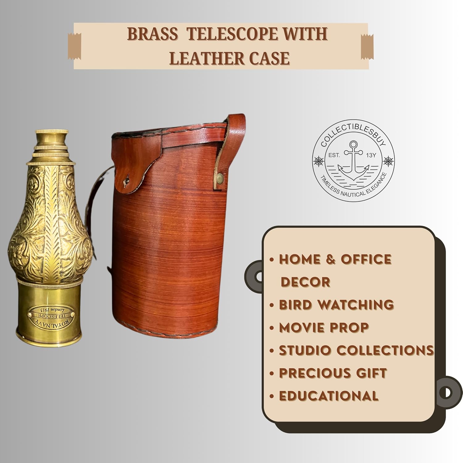 Antique Brass Telescope Pirate Spyglass with Leather Case Three Fold Fully Expandable Handheld Telescope Outdoor Travels Home & Table Decor