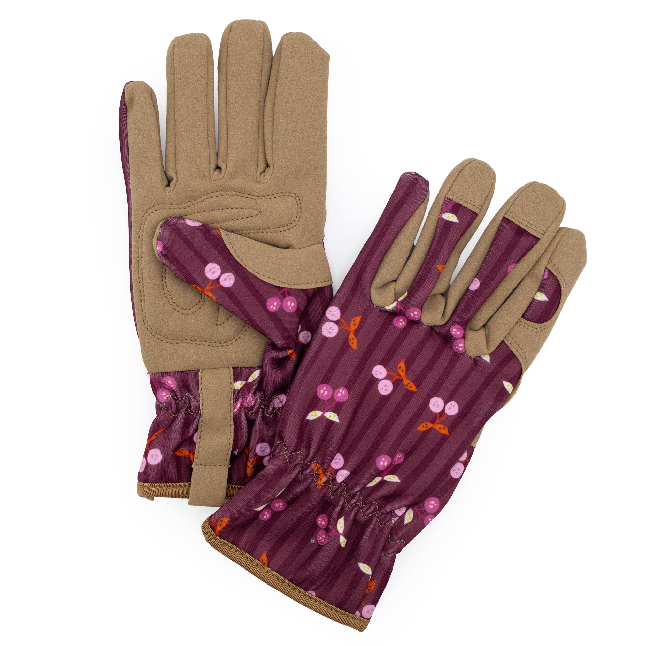 Women's Gardening Gloves - Cherries Design - One Size - Padded with Elastic Cuffs, Burgundy