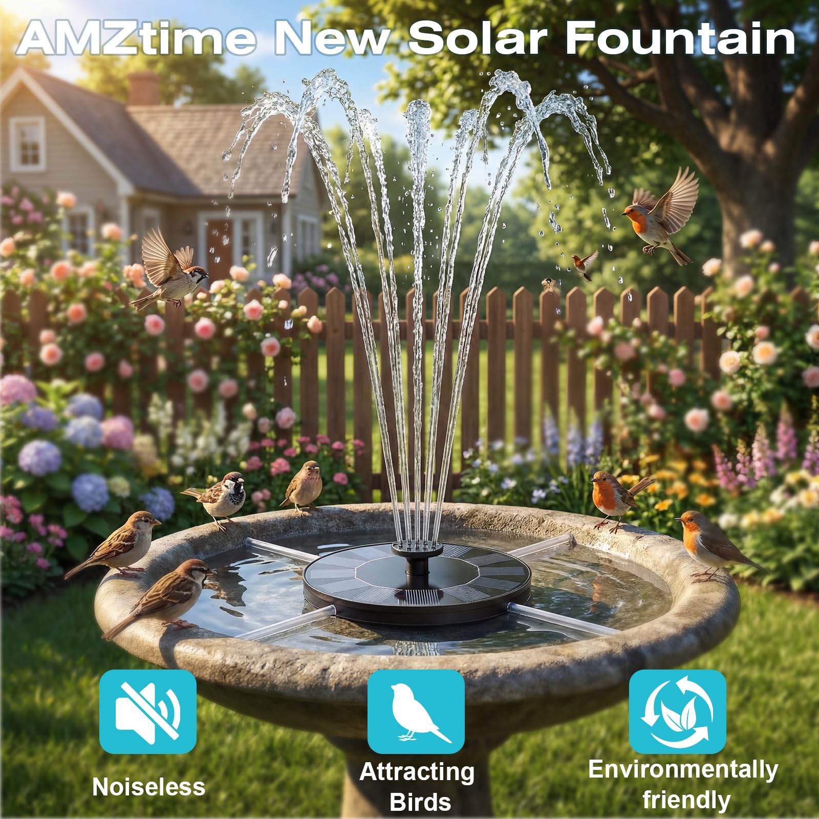 AMZtime Solar Water Fountain for Bird Bath, Outdoor, Pond Pump with 6 Water Features, and Floating Fountain Pump for Gardens, Ponds, and Bird Baths — view 3