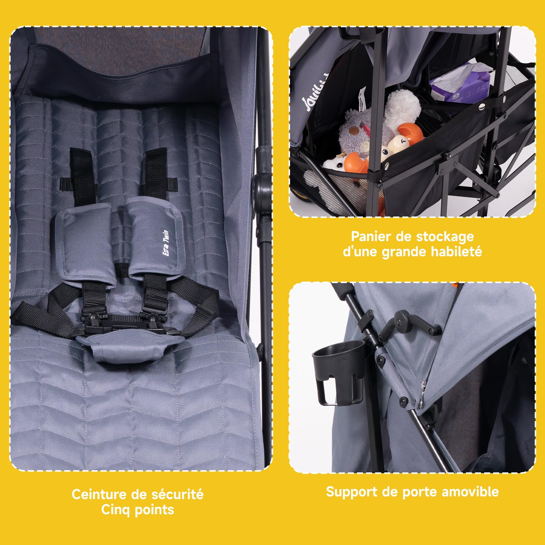 Jovikids Poussette double avec fonction allongée, pliable, avec pare-soleil, capote de pluie et porte-gobelet