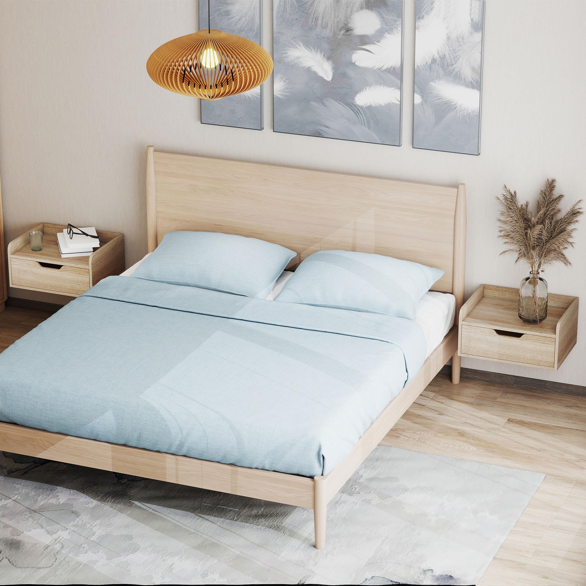 HOMCOM Set di 2 comodini da parete, comodini sospesi con cassetto e piano rialzato, stile moderno, per camera da letto, soggiorno, 40 x 30 x 19,5 cm, legno naturale
