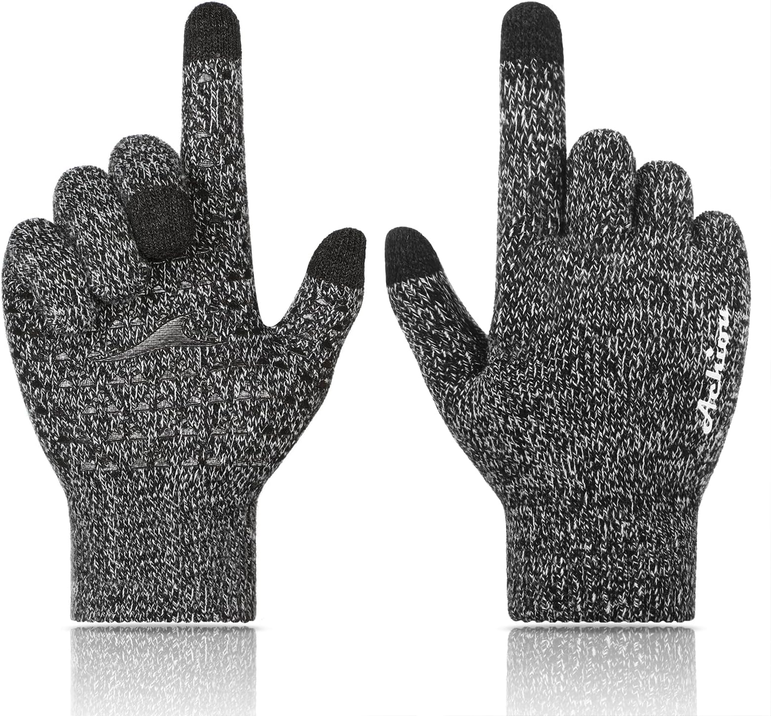Achiou Winter Knit Gloves Touchscreen Warm Thermal Soft Lining Elastic Cuff Texting Anti-Slip 3 Size Choice for Women Men