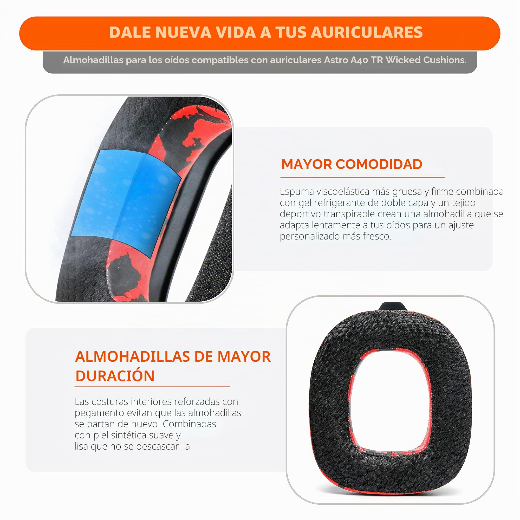 WC Mod Kit A40 –Almohadillas de Gel refrescante + Diadema de Repuesto compatibles con Astro A40 Gen 4 y A40 TR de Wicked Cushions | Mayor Comodidad, refrigeración y Durabilidad | Red Camo