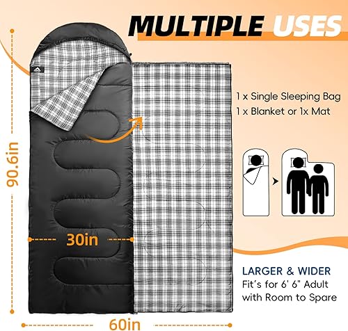 Miniatura 9 de MEREZA Flannel Sleeping Bag for Adults XL, Large Wide Sleeping Bags for Camping Mens Warm Cotton Sleeping Bag 4 Season Warm & Cool Weather