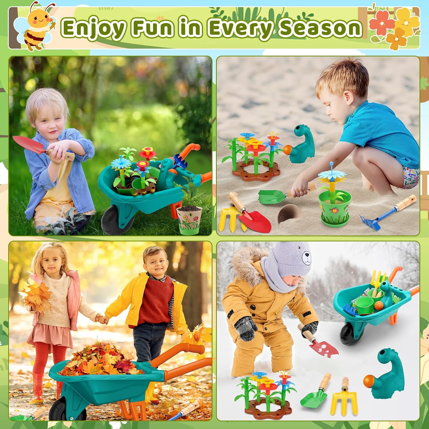 deAO Kids Gardening Tools Set Garden Outdoor Toys with Wheelbarrow, Watering Can,Flower Garden Building Toy, Pretend Play Outdoor Indoor Toy for Boys Girls