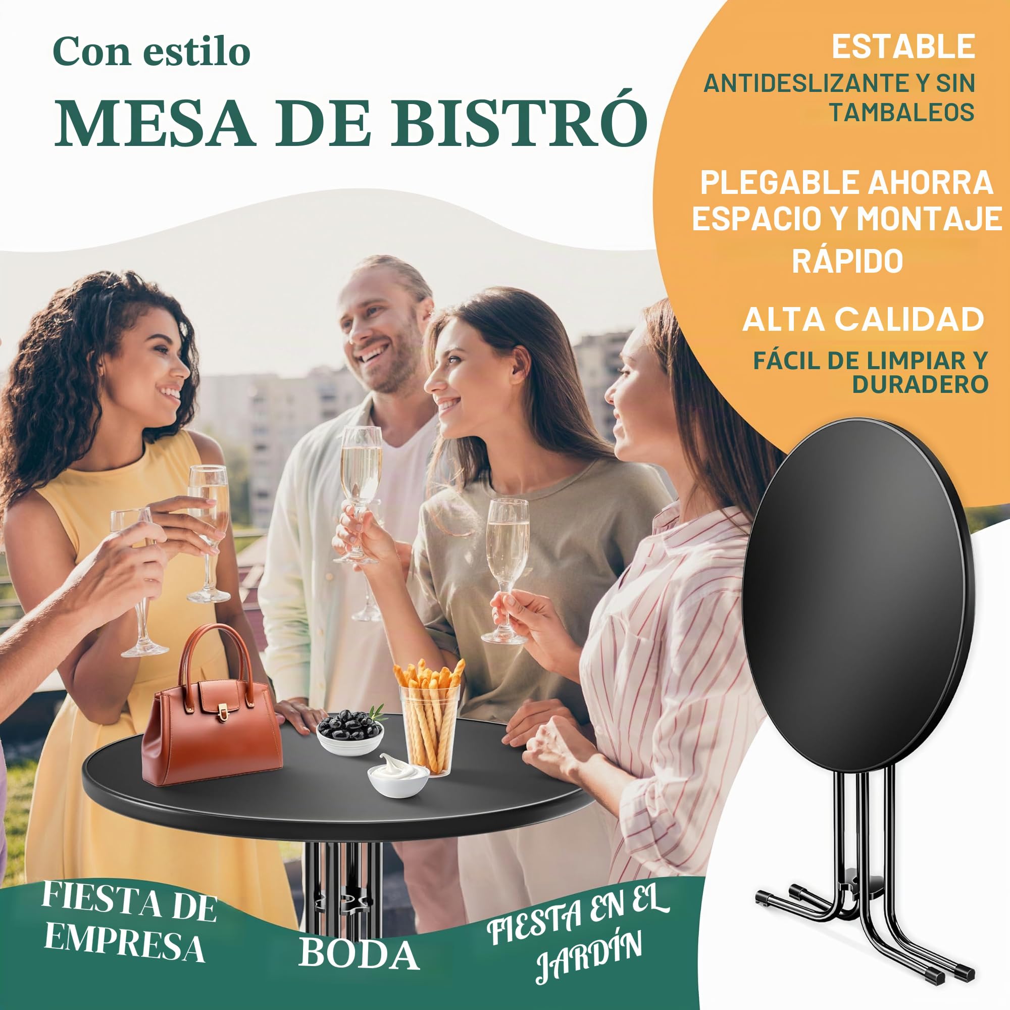 KESSER® Mesa Alta Plegable Bistró | Placa de Acero Inoxidable recubierta de Polvo | Patas Ajustables en Altura | Interior y Exterior | Mesa de Fiesta con Funda Ø 80 cm, Negro