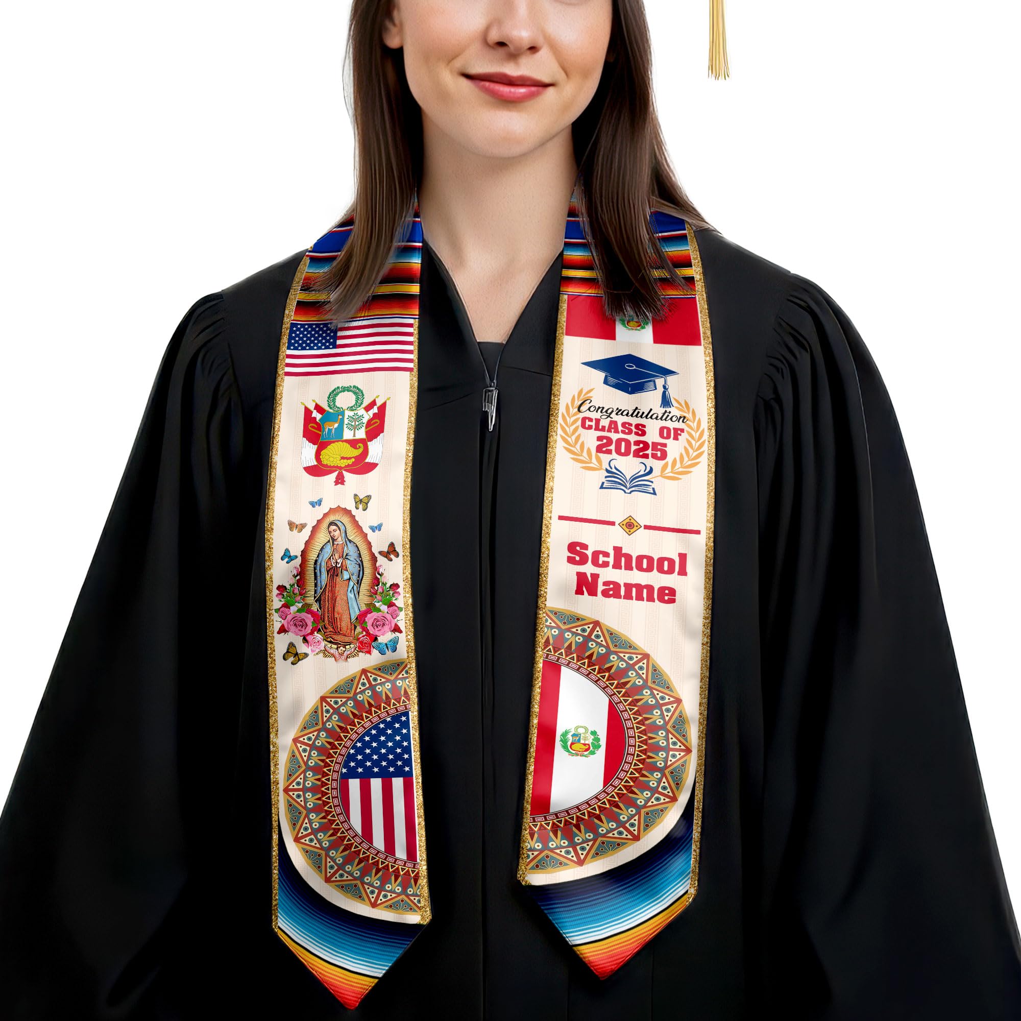 MonkeyVan Personalized Peruvian Graduation Sash, Custom Peruvians American Flag Graduation Stole 2025, Peru Graduation Stole S373